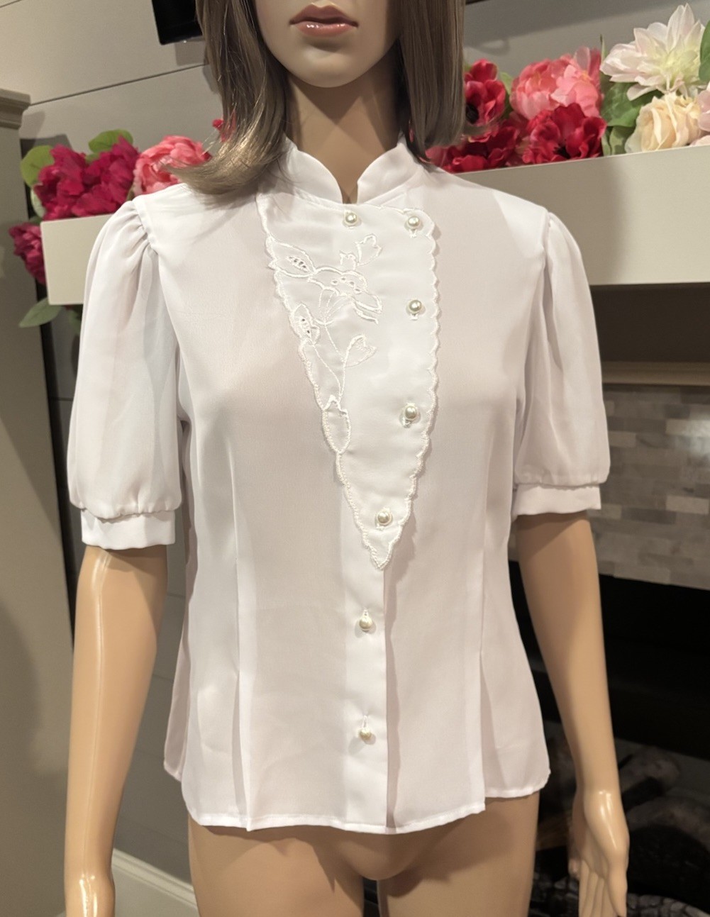 Vtg 50’s white sheer nylon chiffon embroidered secretary geek tailored blouse