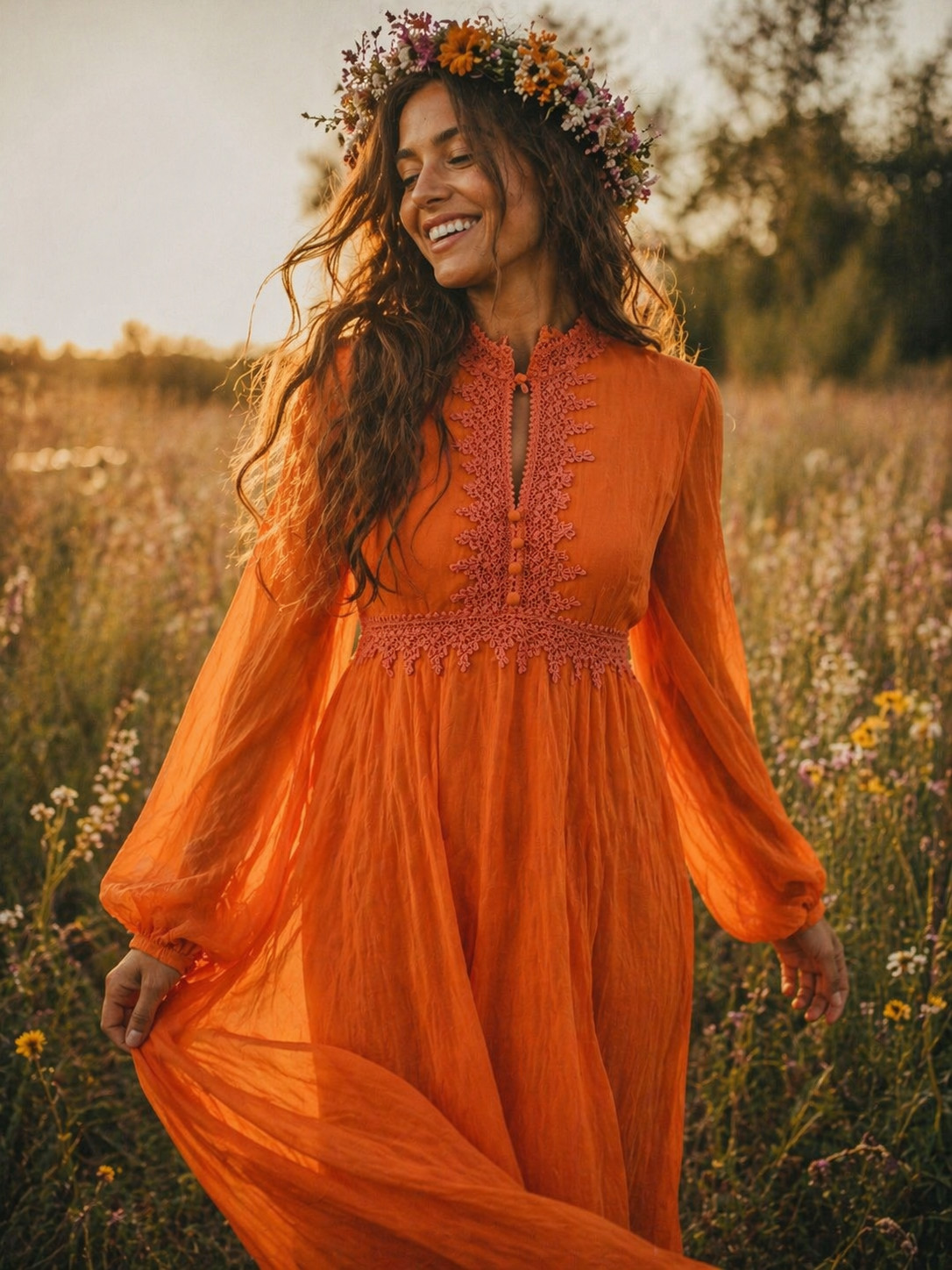 Vintage 70s Orange Boho Prairie Maxi Dress Lace Keyhole Festival S Chic Glam