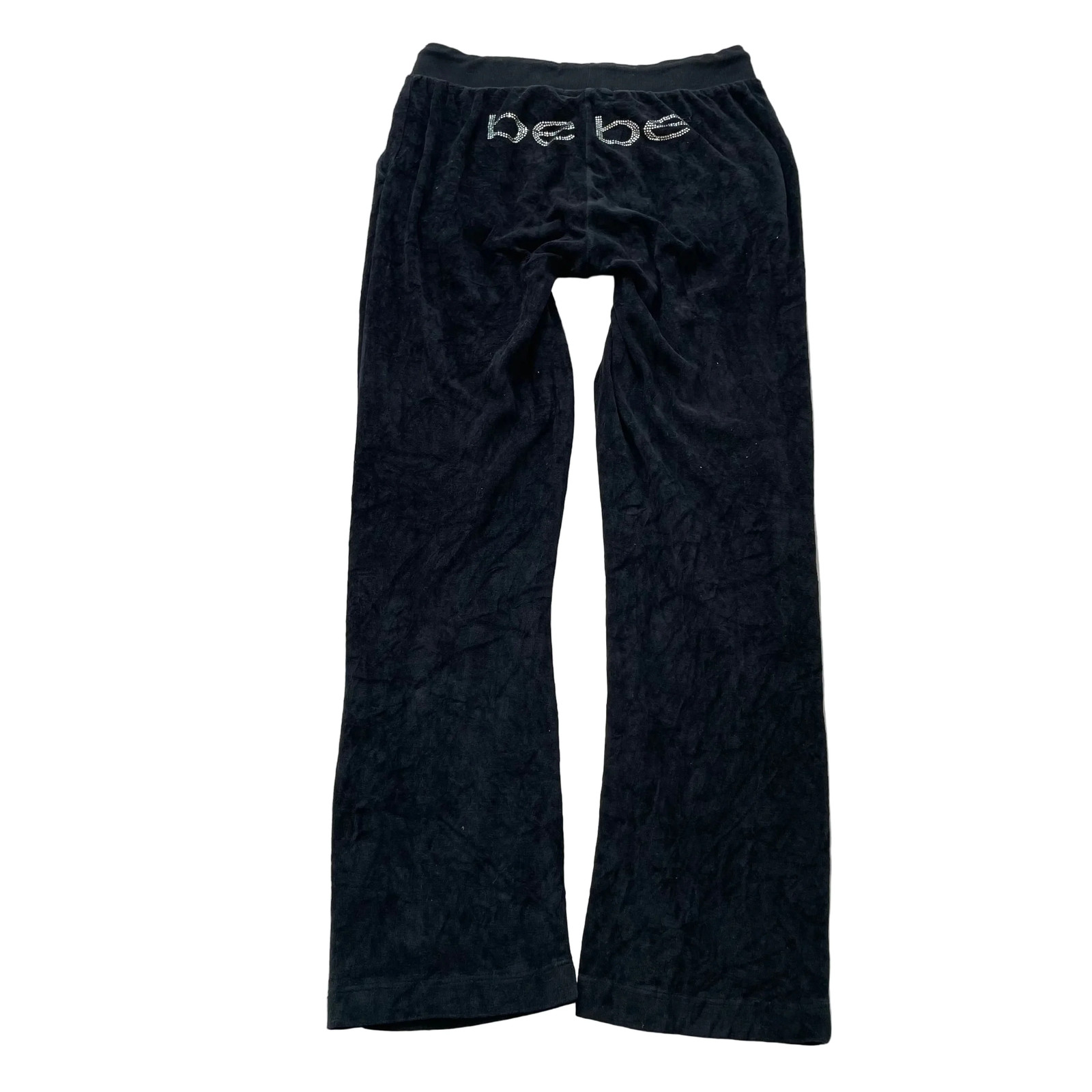 Bebe Women’s Navy Velour Flared Track Pants Loungewear Rhinestone Logo Size S
