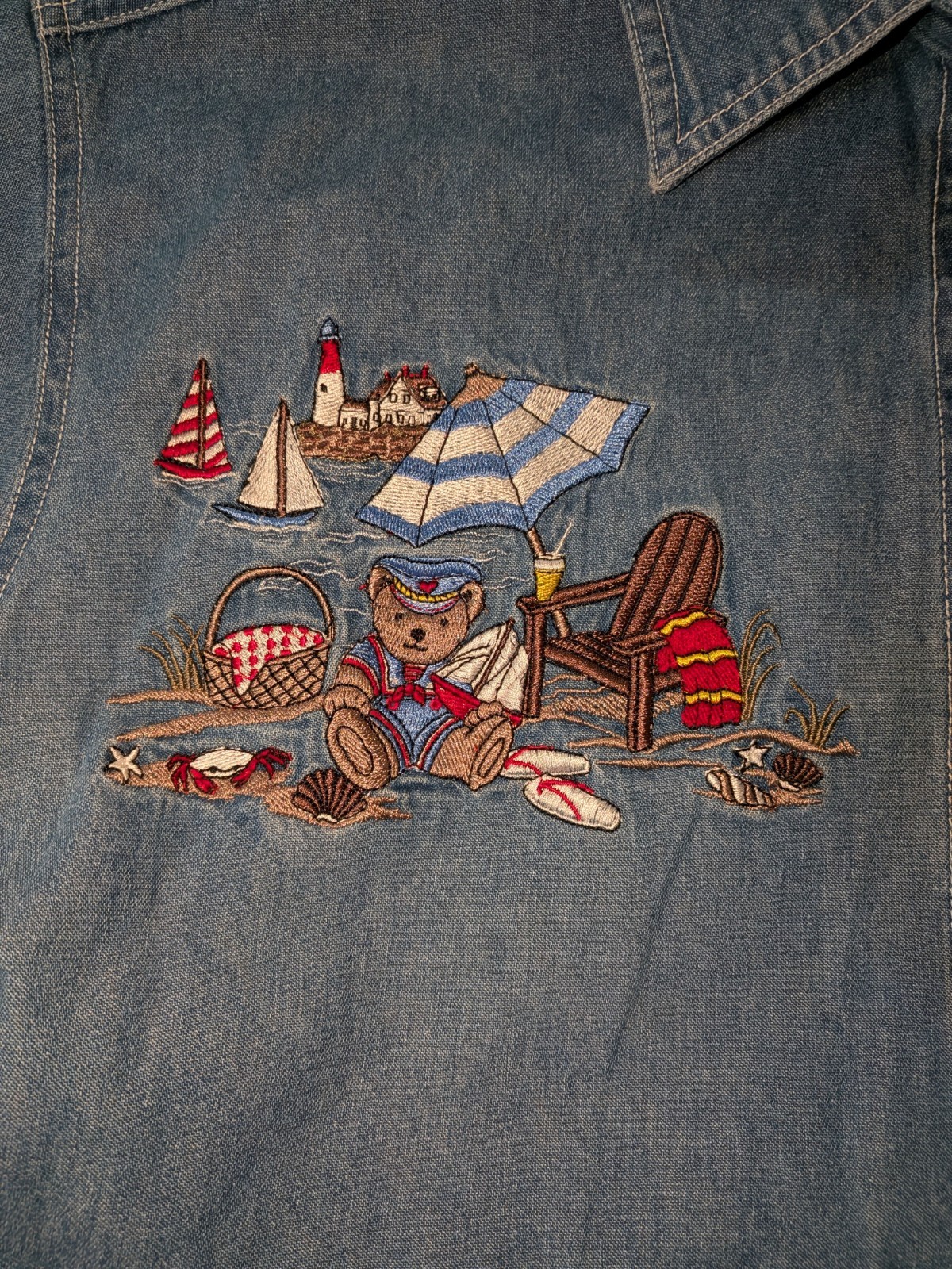 VTG Cabin Creek Denim Shirt Sz 18 Teddy Bear Nautical Beach Y2K Coastal Grandma