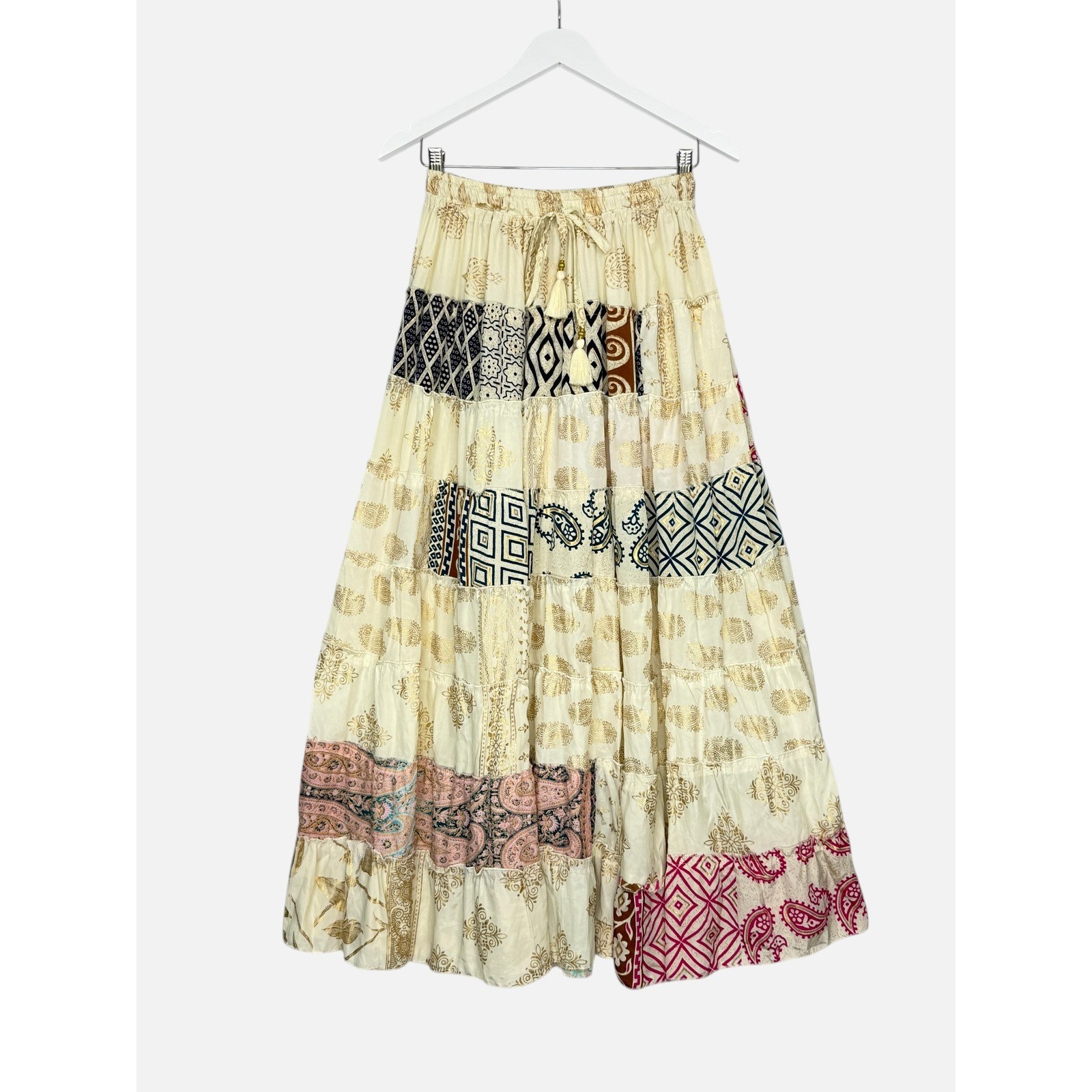 Handmade Boho Patchwork Maxi Skirt Small Cream Gold Paisley Tiered Festival