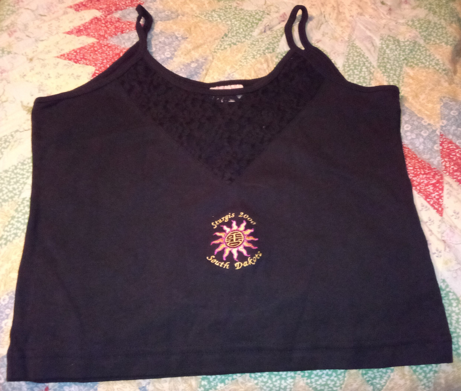 Black Knit Tank Top Camisole with Lace Inset and Sturgis 2000 Applique Size XL