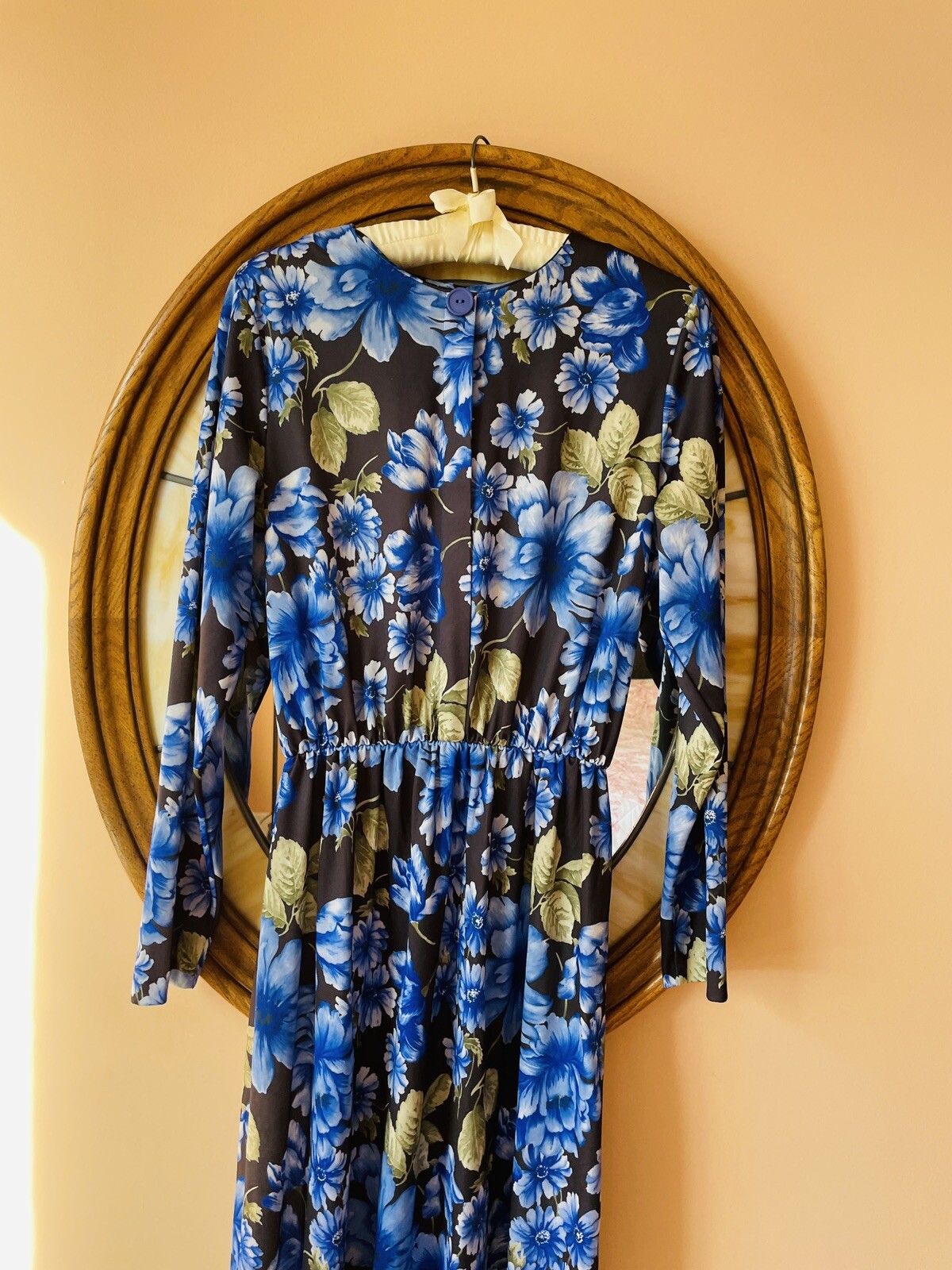 Vintage 1980’s Carol Wright Black Blue Floral Print Poly Dress S/M