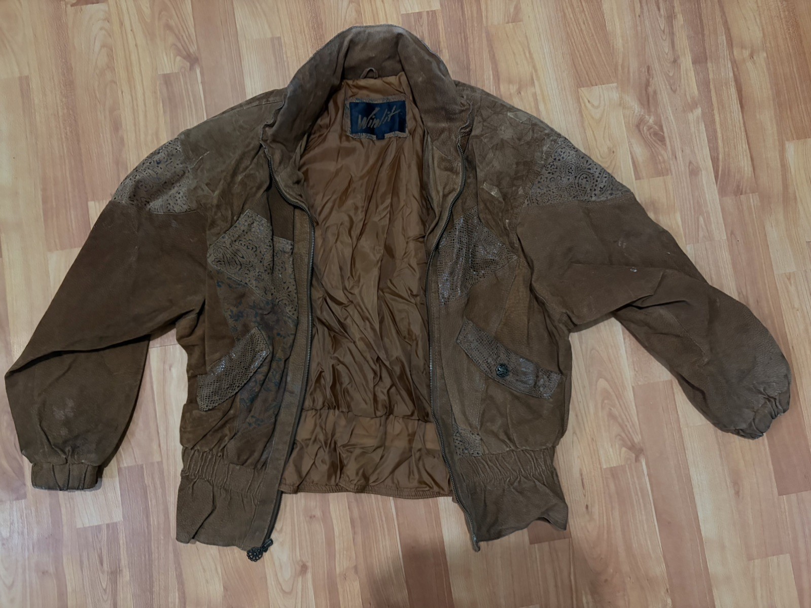 Vintage WINLIT 80s Leather Patchwork Print Bomber Jacket Coat Size M/L