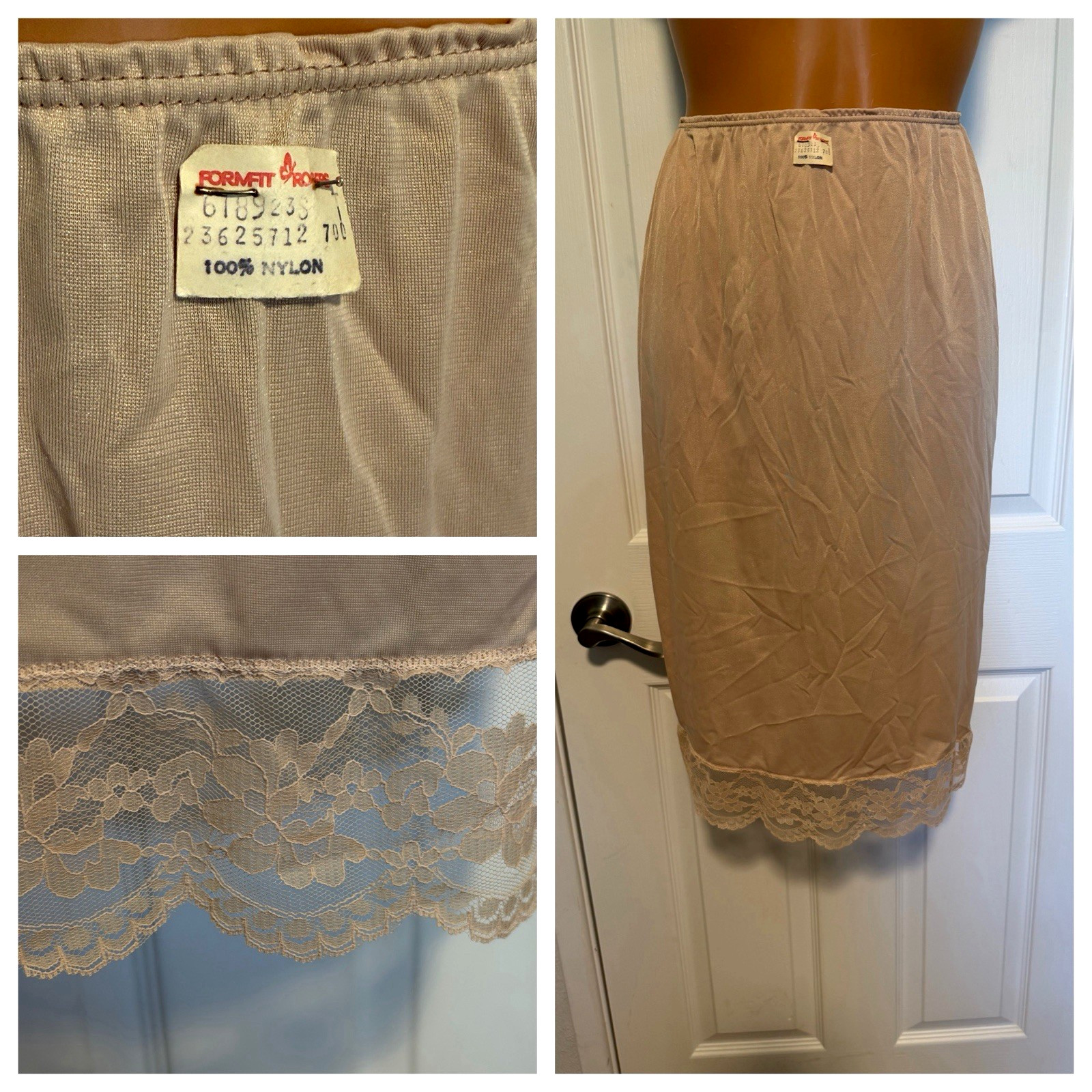 VTG 70’s FORMFIT ROGERS LINGERIE BEIGE W/ LACE TRIM HALF SLIP USA NOS SZ S-TALL