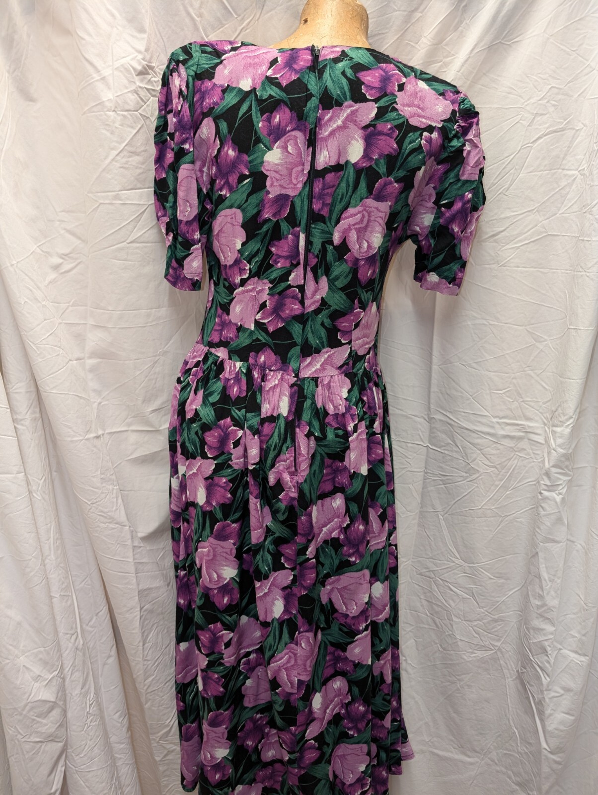 1980’s Black Purple Green White Rayon Dress by Country Romance Size 7/8