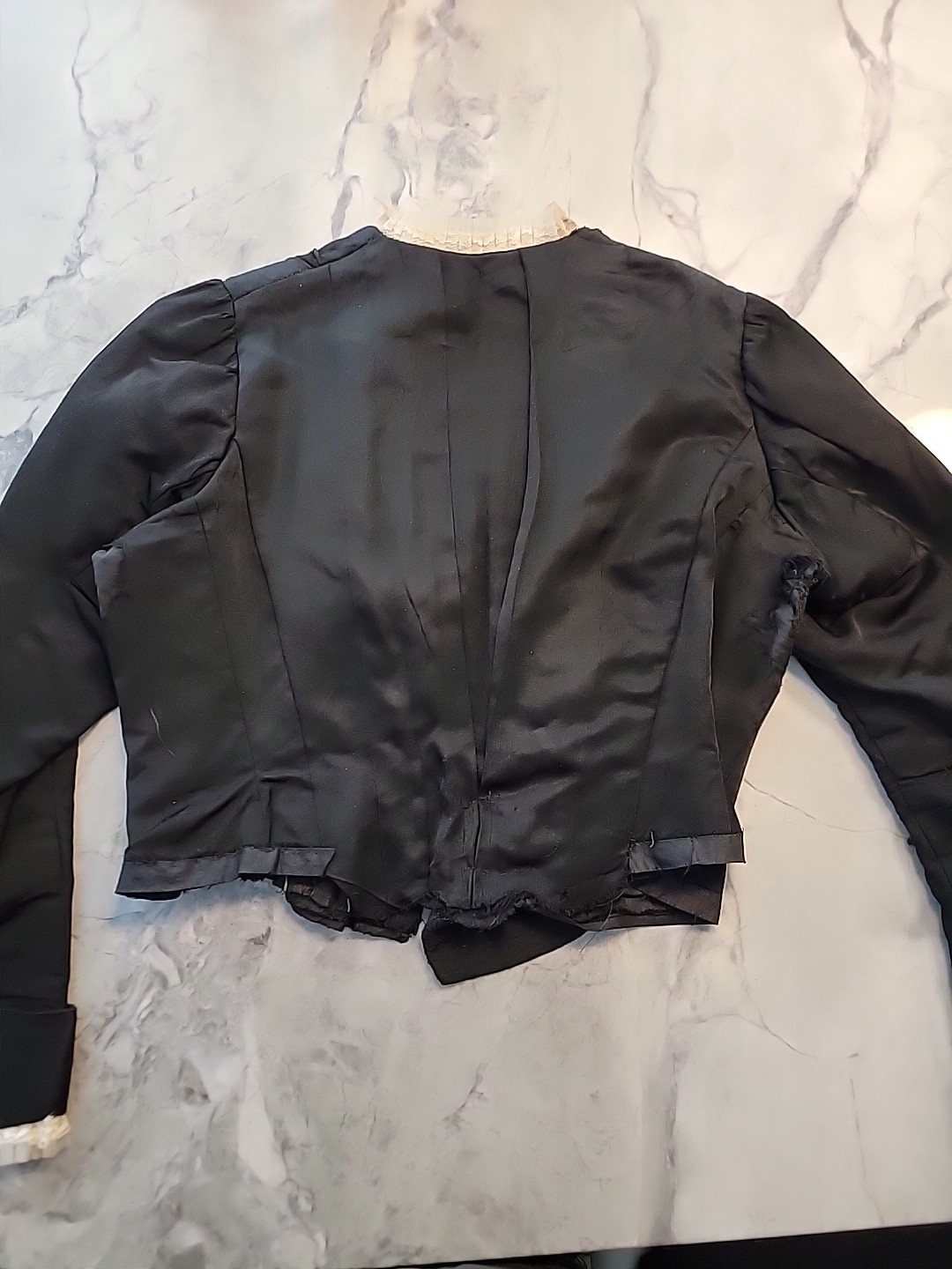 C 1870’S BLACK SILK SATIN BODICE W HANDMADE LACE EDGING Edwardian Victorian OG