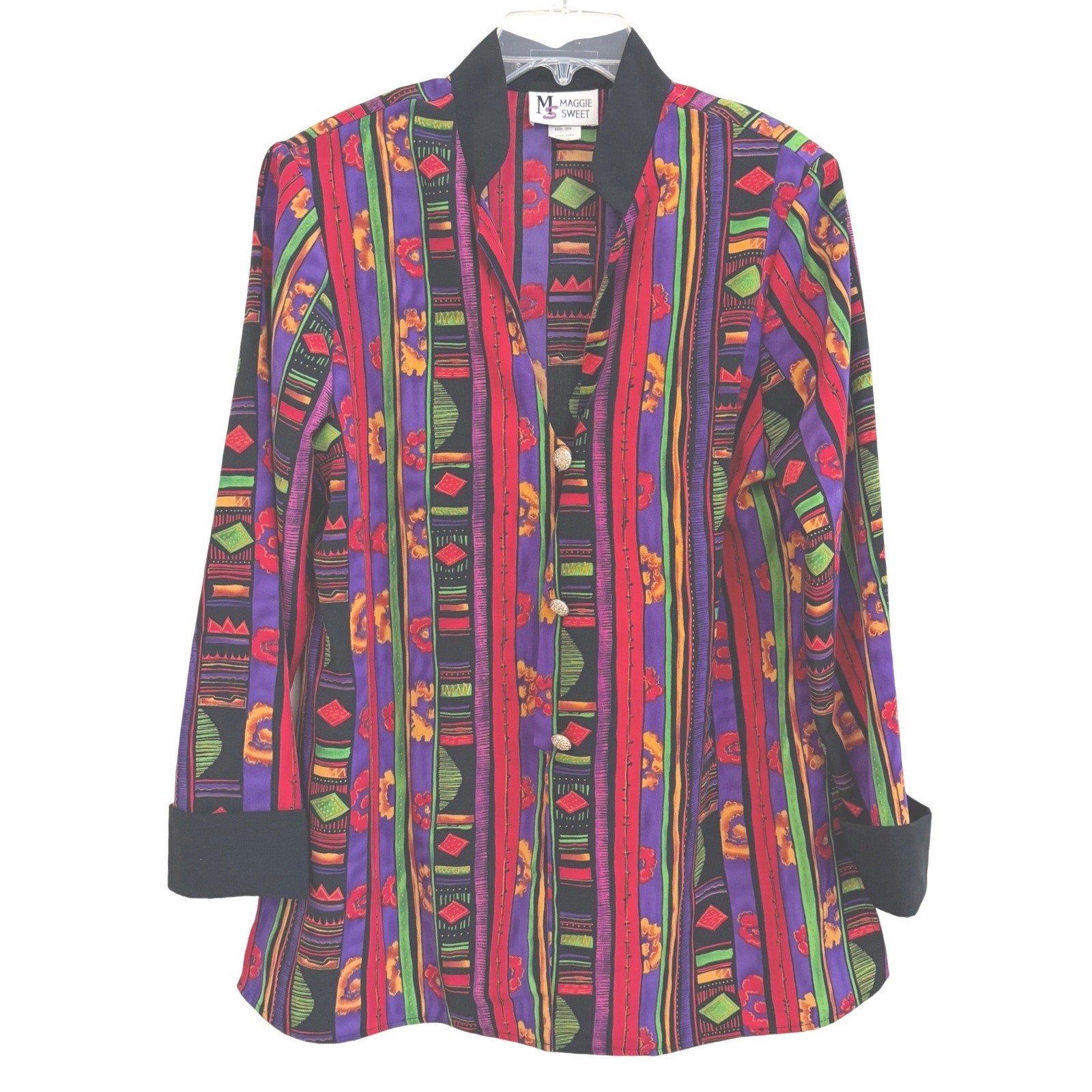 Maggie Sweet Vintage 90’s Abstract Long Sleeve Silky Tunic Silver Buttons EUC