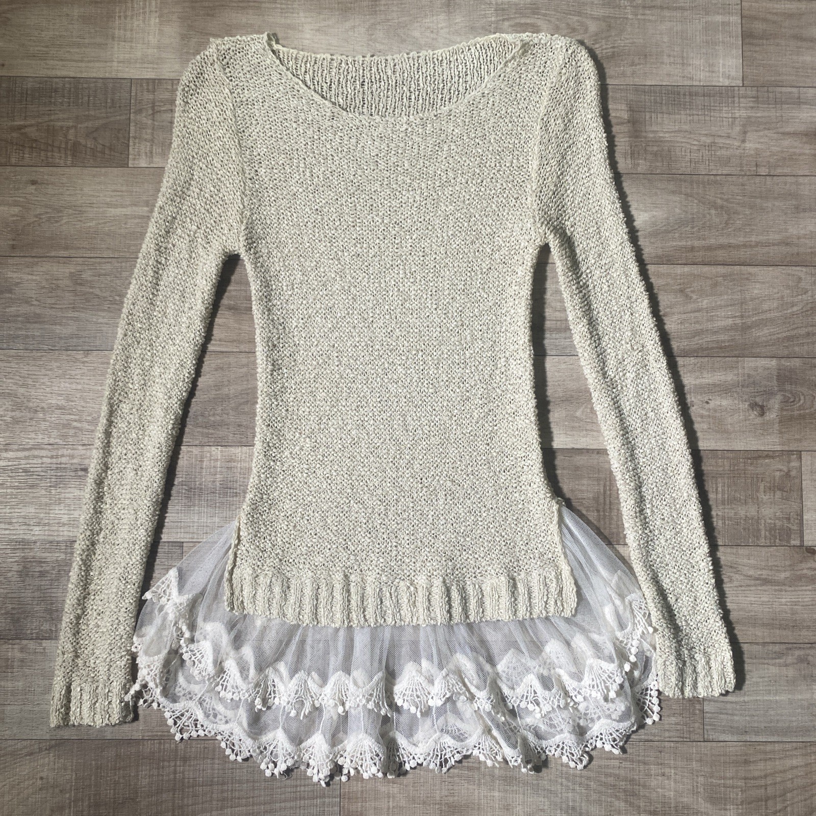 Y2K Vintage Knit and Lace Top Small Cream White Boho Fairy Grunge Whimsigoth