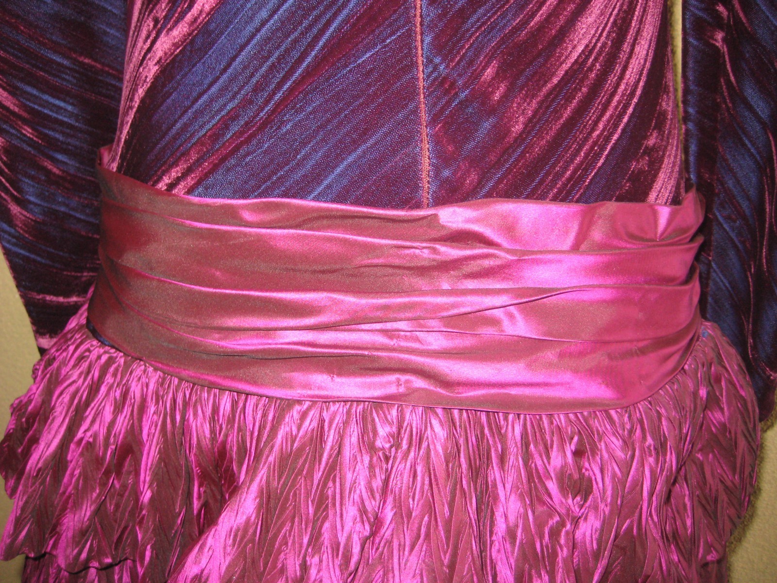 Vintage 80s burgundy/wine velveteen dropwaist taffeta tiered ruffles party dress