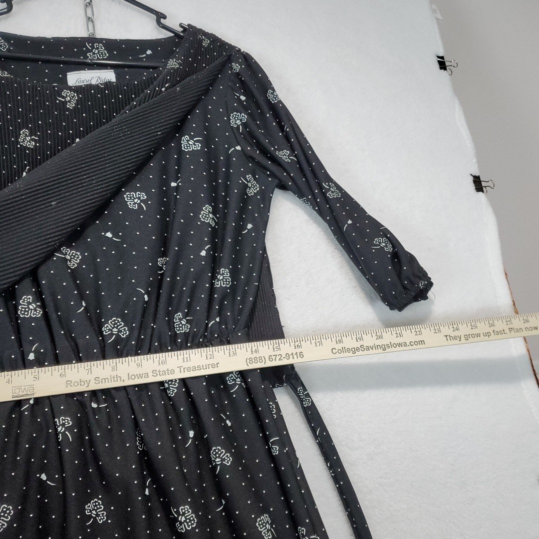 Vtg 70s Laurel Ridge Black Floral Midi Dress Smocked Overlay Top A Line Sz 15/16