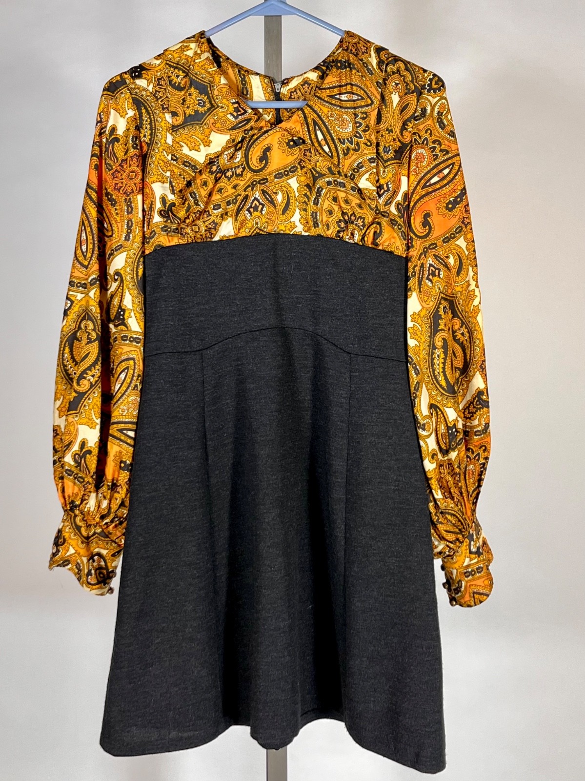 Vintage 1960’s-1970’s Kelly Arden (petite) grey, paisley dress & vest 2-pc. set