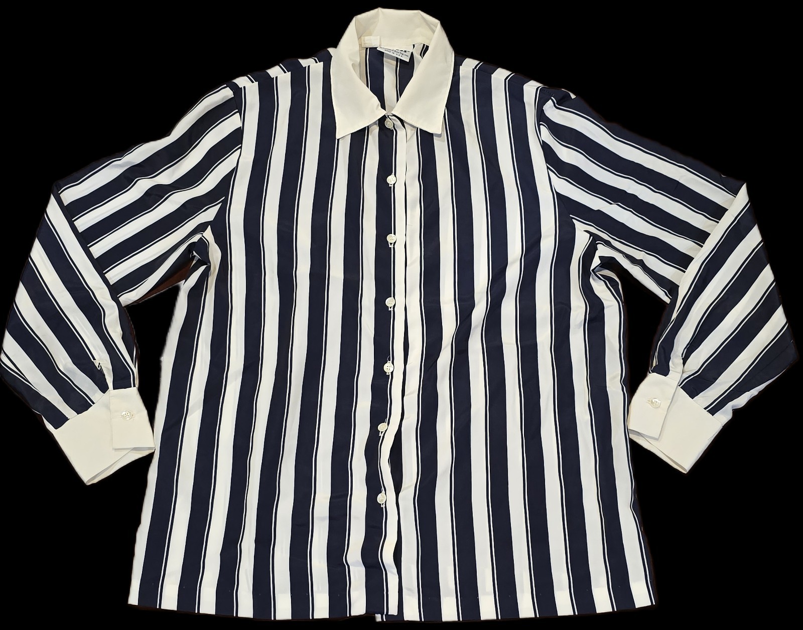 Vintage 1980s Russ Union Made, Cream Button-up Blouse w/ Blue Stipes: Classic