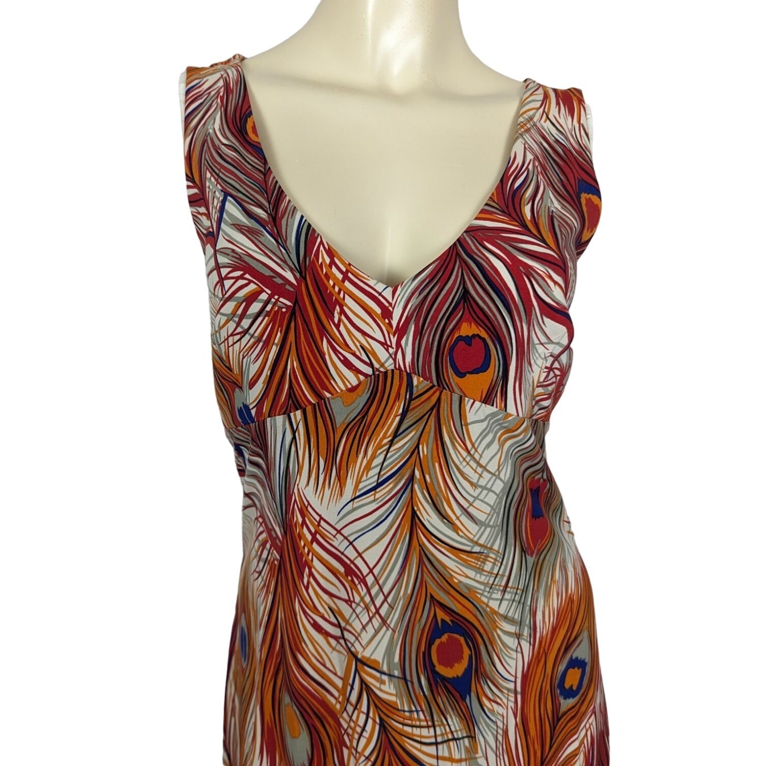 BCBG Dresses Large orange blue Peacock Feather print Vintage Empire Waist Y2K