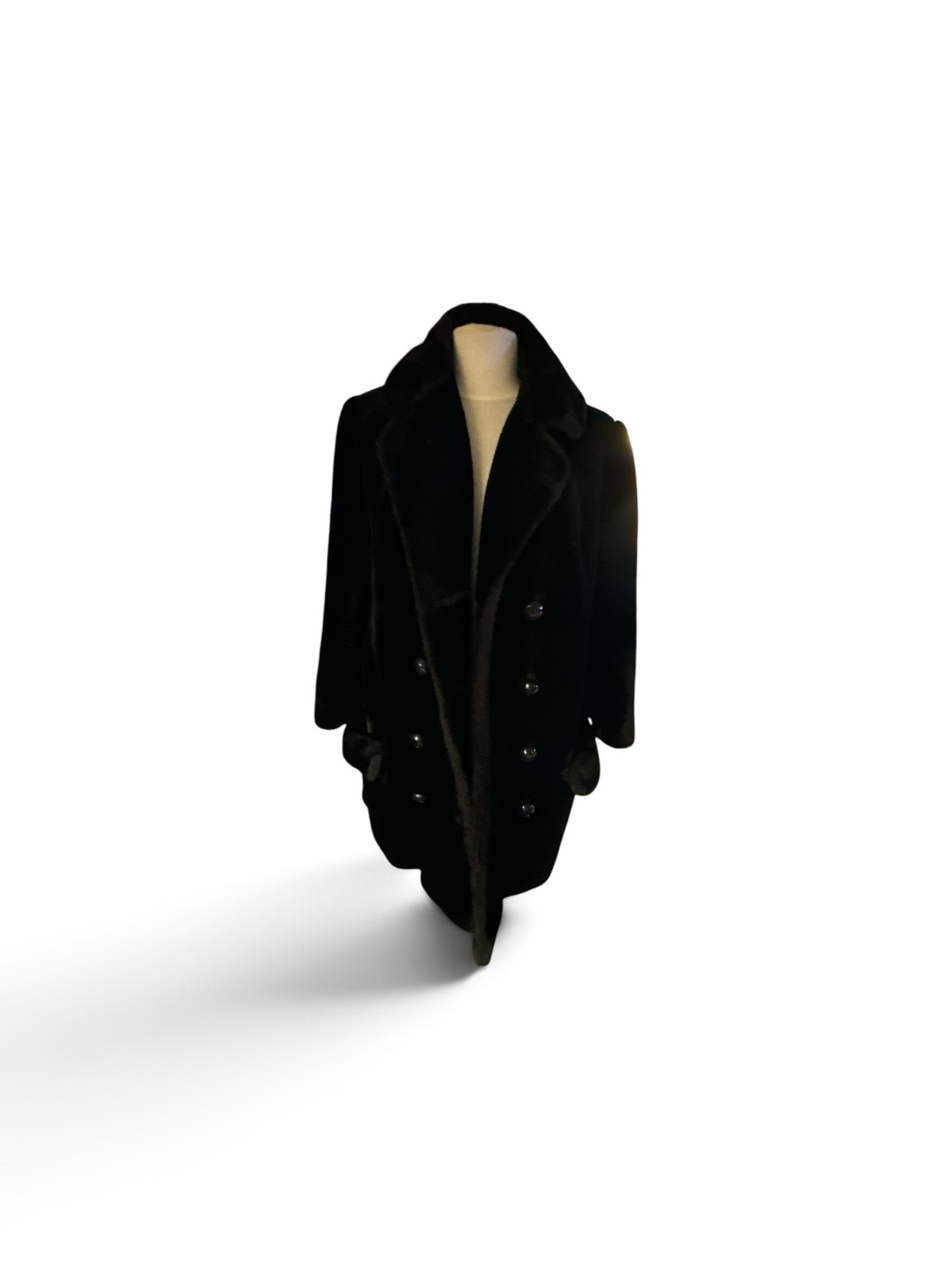 Vintage 70s Borg Orlon Faux Fur Double Breast Coat Alexander NY Black Longline
