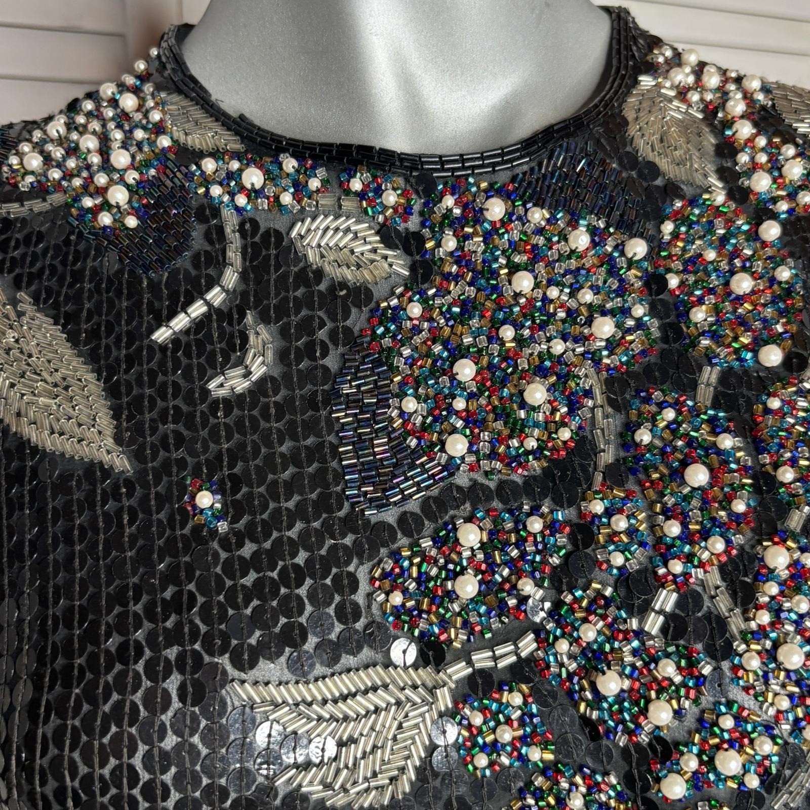Vintage 90s RIAZEE Couture Black Beaded Sequin Silk Evening Gown Formal Dress 6