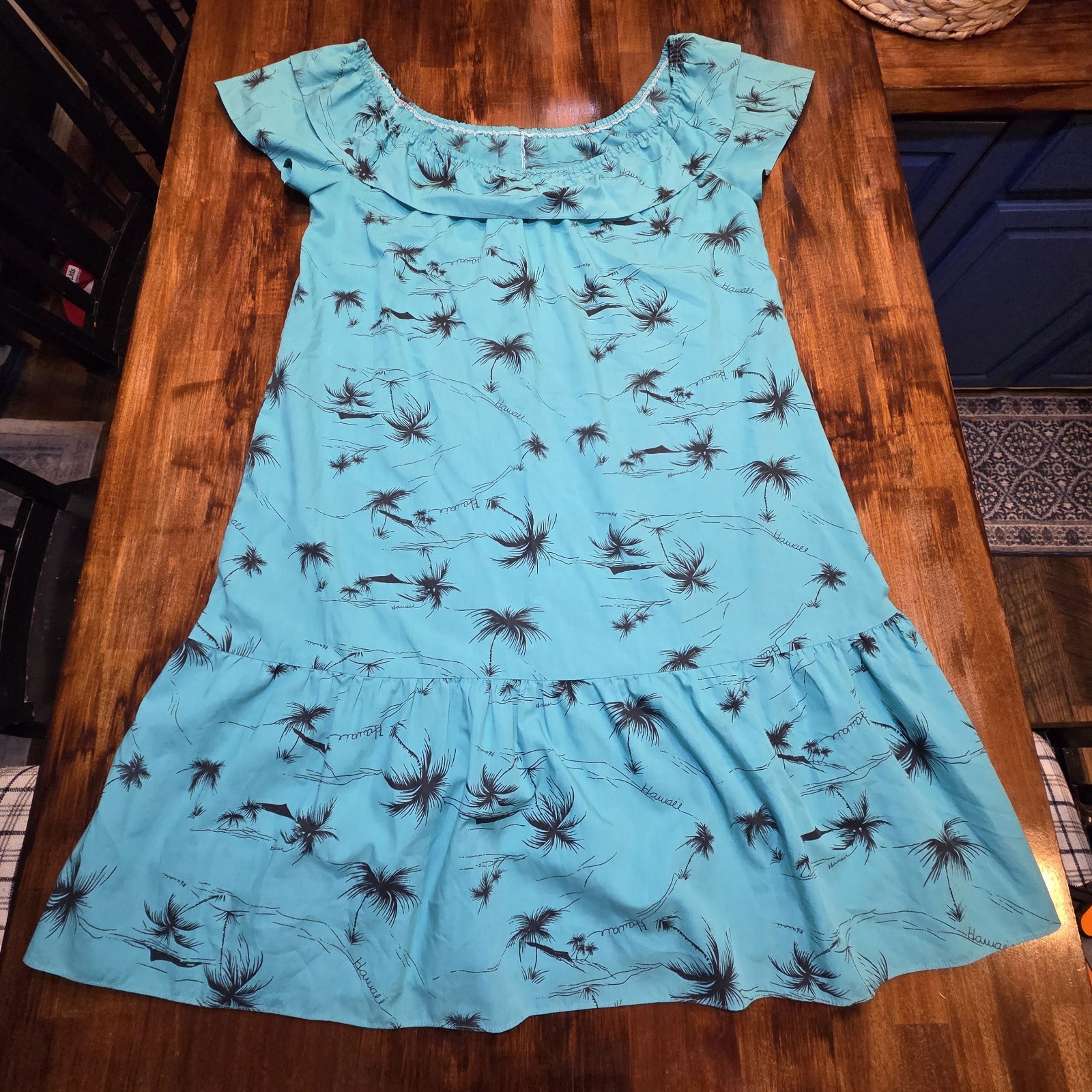 Vintage Hilo Hattie Turquoise Swing Dress L Hawaii and Palm Tree Print Hippie…