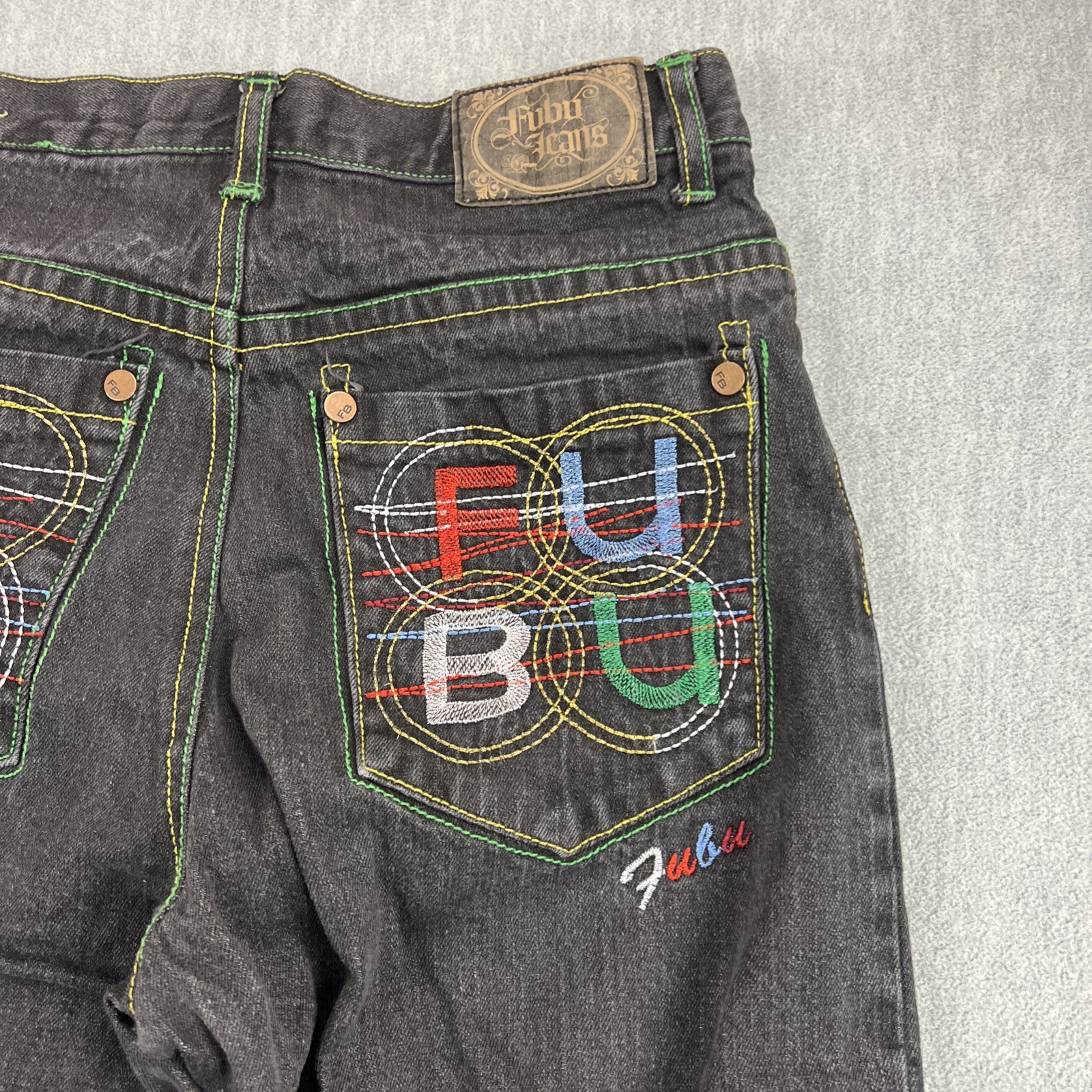 Vintage FUBU 90s Jeans Sz 16 (26×28) Distress Embroidered Pockets Baggy Skater