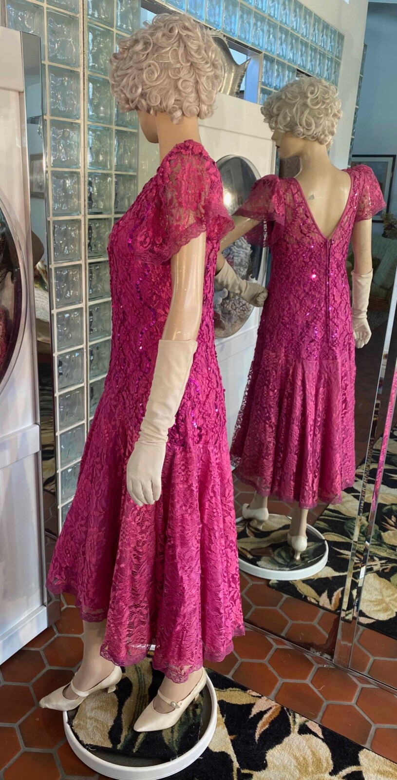 VTG 80s Shuet Young Dress Pink Lace Sequin Tea Party Evening sz M Flapper Style