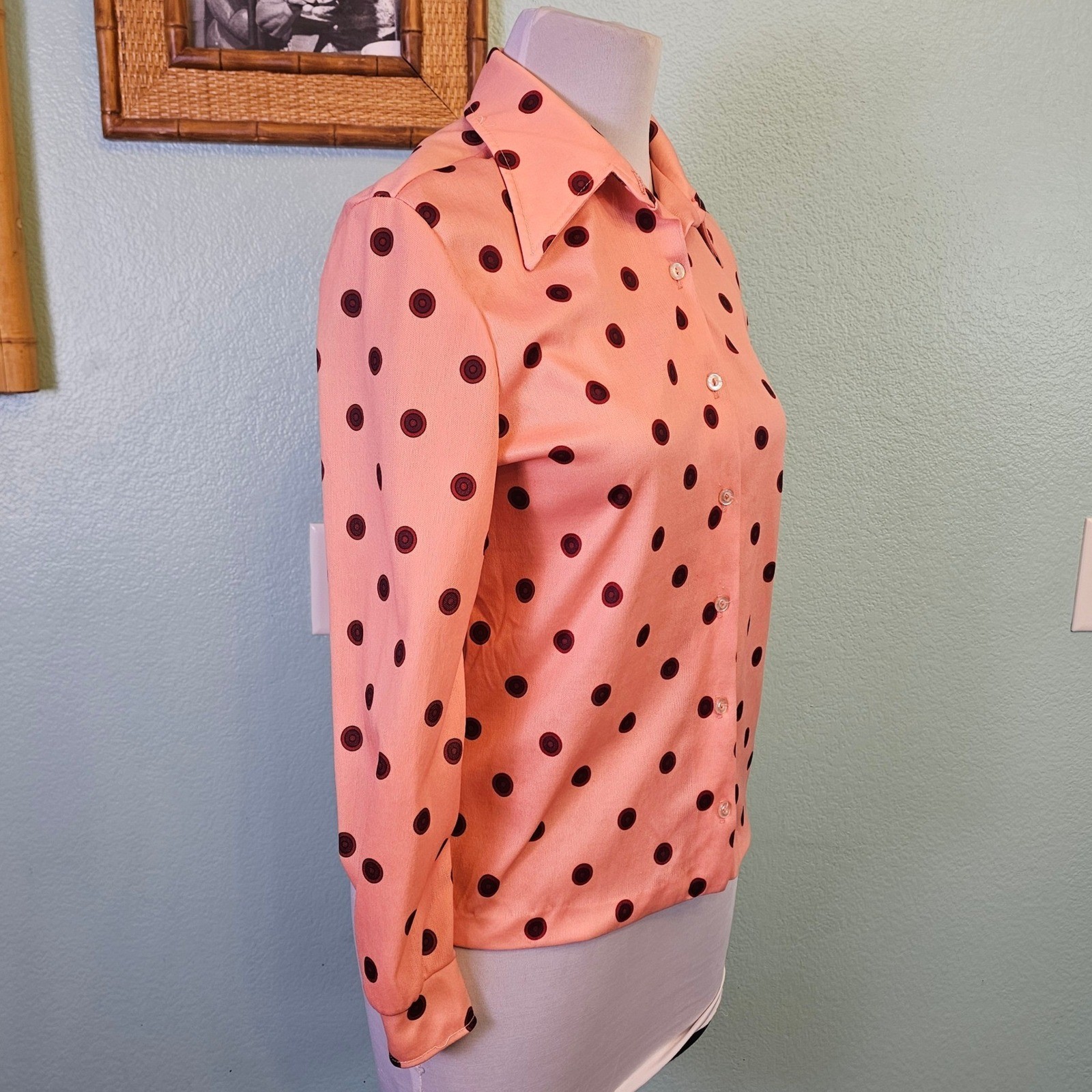 Vintage DeVon Peach Polka Dot Disco Blouse Point Collar Mod Secretary Top Size S