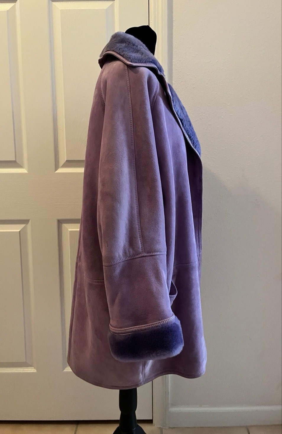 Vintage GIANNI VERSACE Purple Leather & Faux Fur Oversized Long Coat, Signed