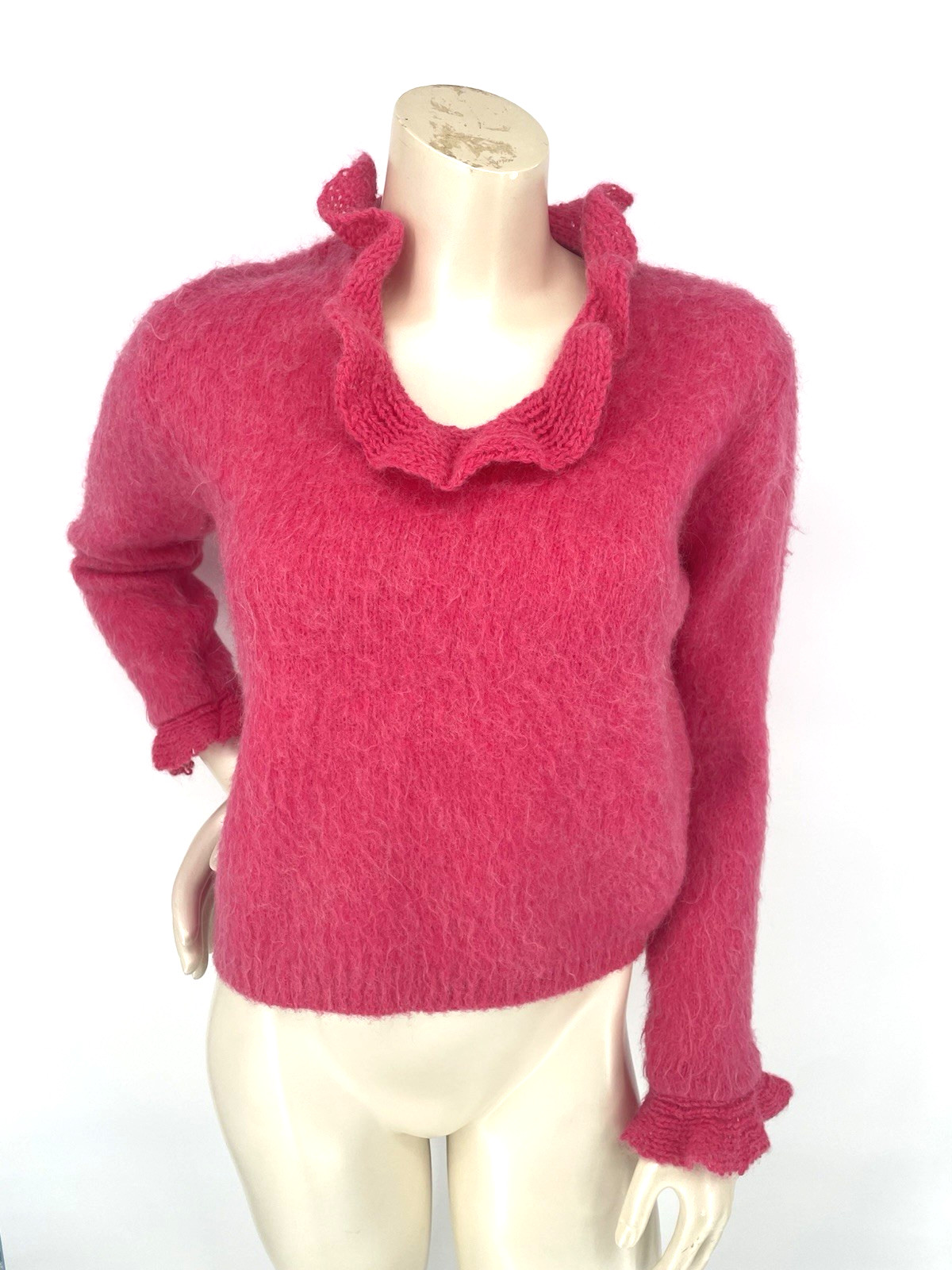 Vintage 50s 60s Pink Fuzzy Mohair Blend Crochet Ruffles Pin Up Sweater sm/md