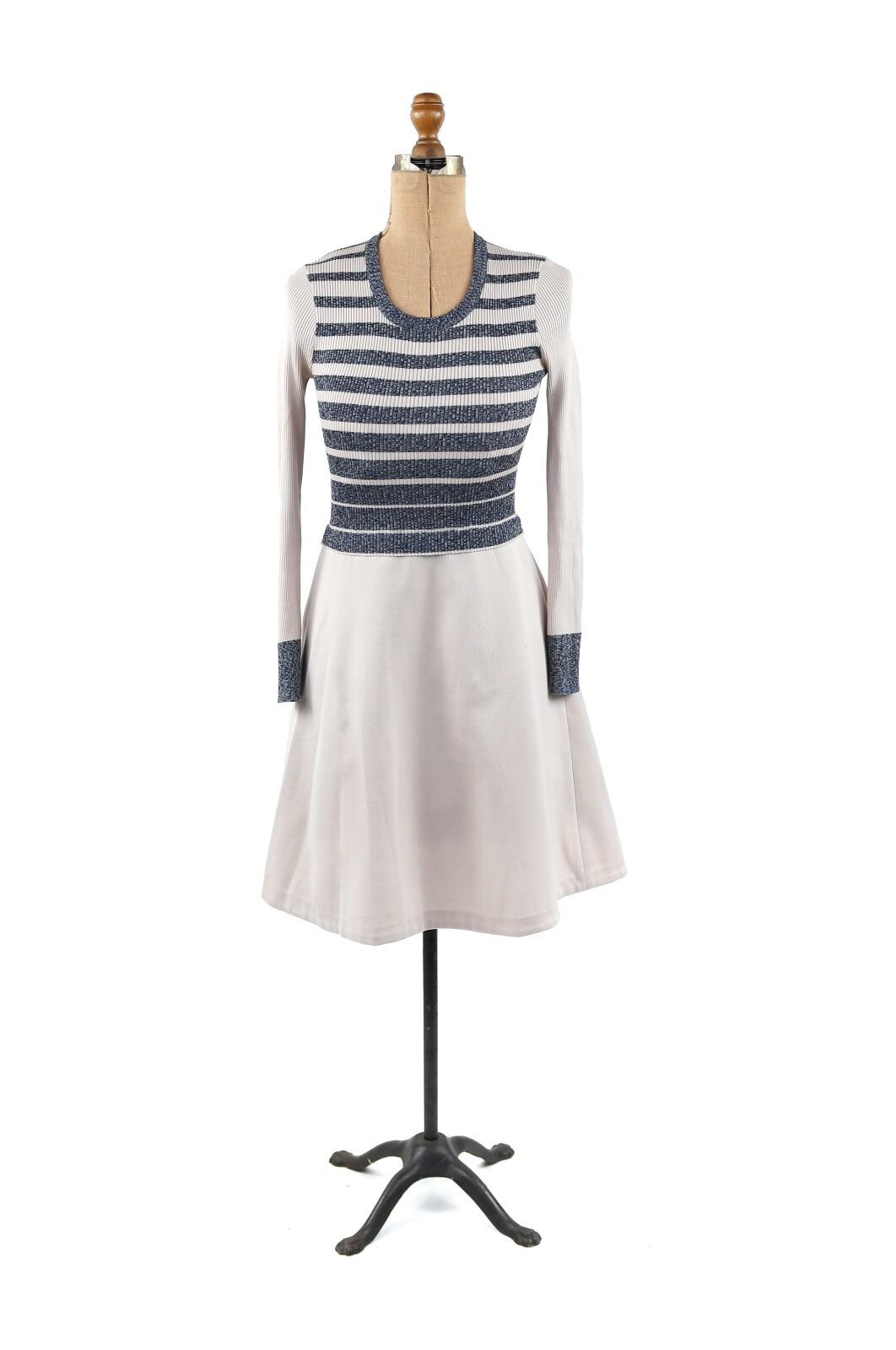 Vintage 70s Aristo Kat Taupe + Blue Space Dye Poly Knit A Line Flare Skirt Dress