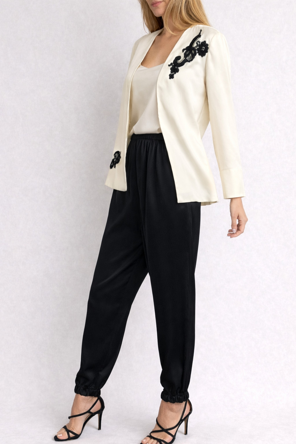 Alice Maloff 3 Pc Lounge Set Hostess Ivory Satin Harem Pants NWT S 80s Glam VTG