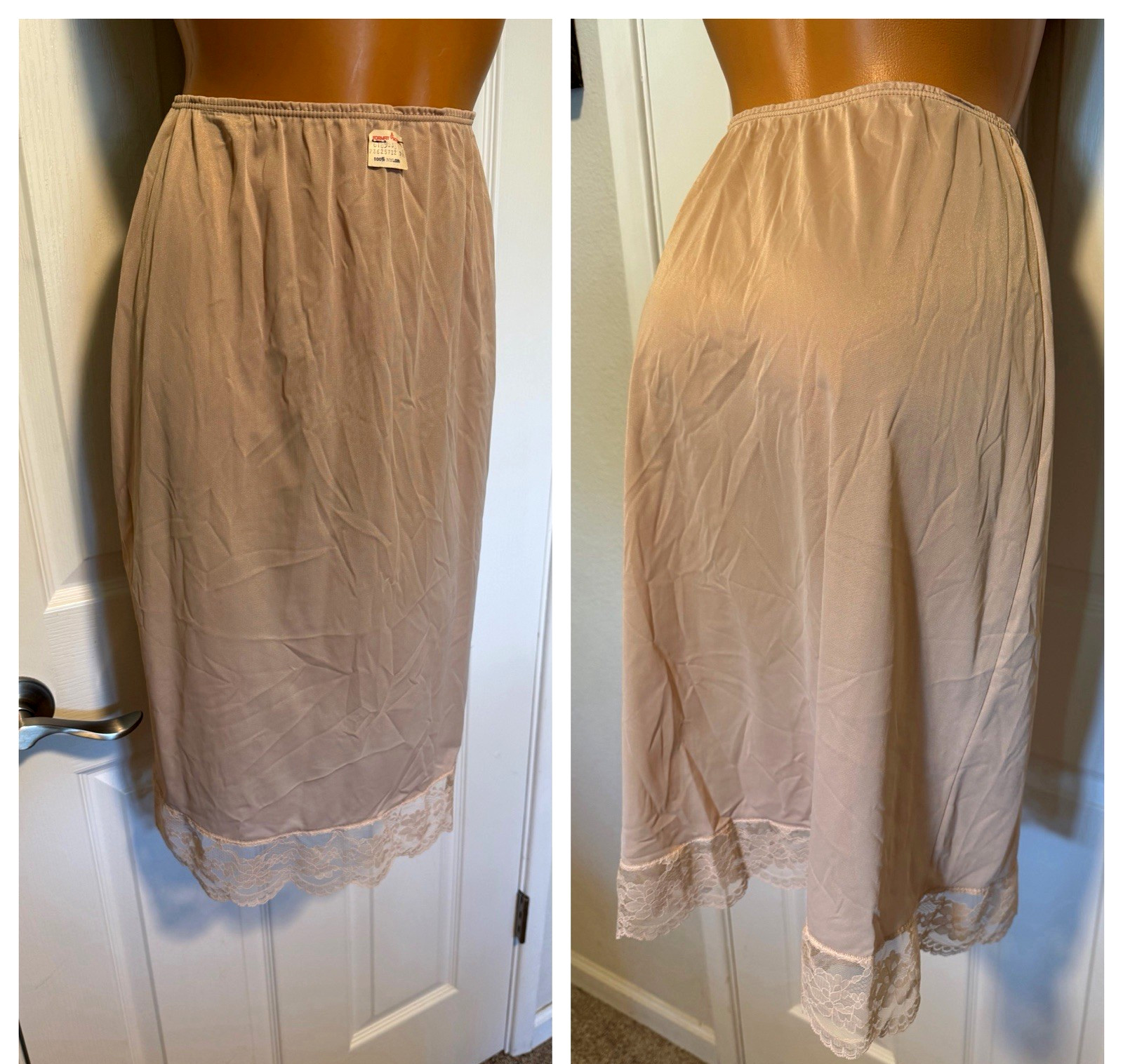 VTG 70’s FORMFIT ROGERS LINGERIE BEIGE W/ LACE TRIM HALF SLIP USA NOS SZ S-TALL