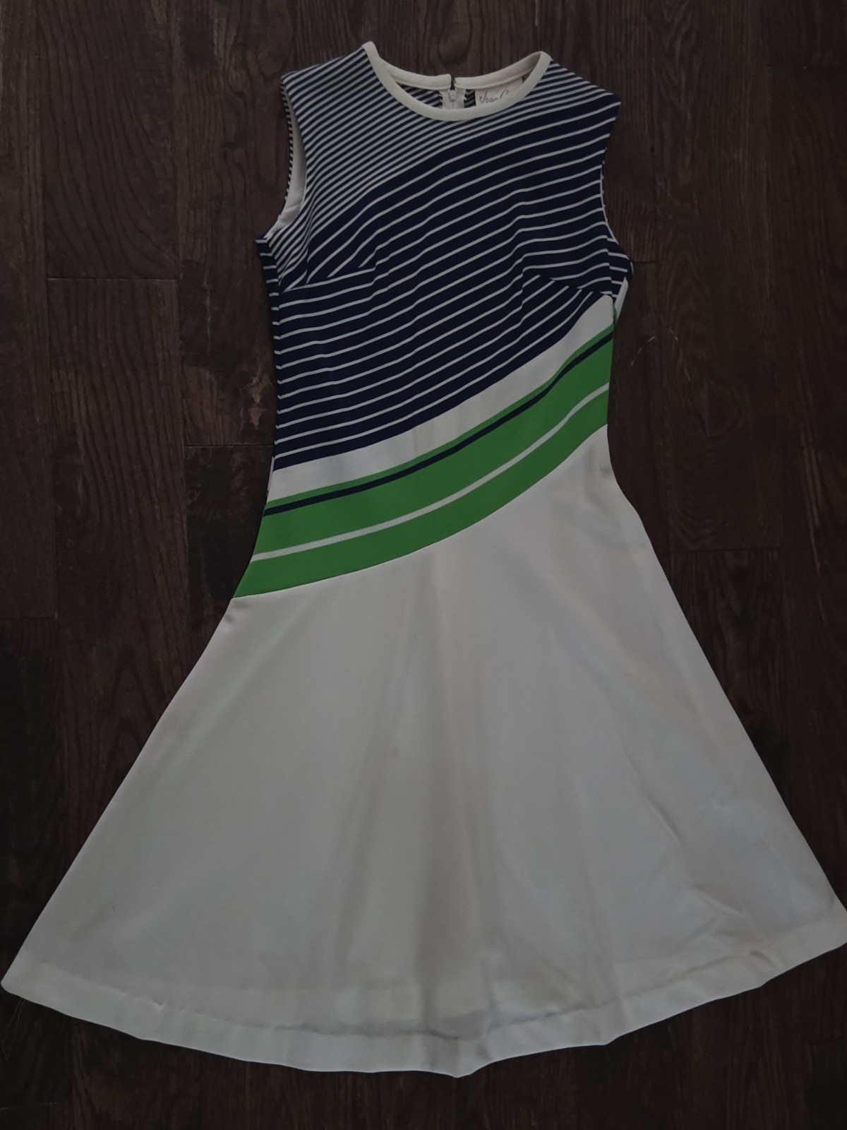 ⛵️Vintage Joan Curtis Dress Womens Sleeveless White Blue Green Striped Nautical