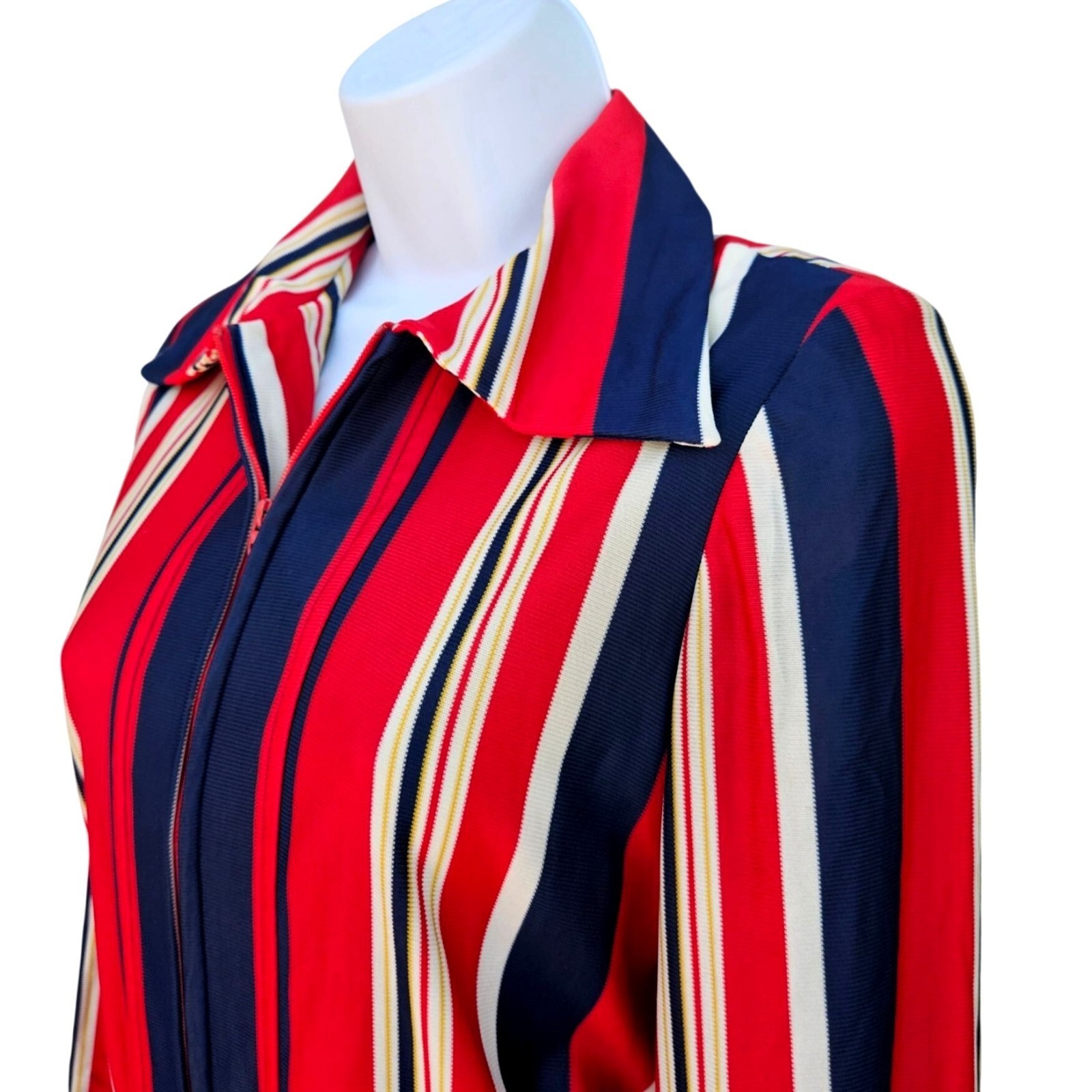 Vintage 70s California Stripe Nylon Knit Dress Red White Blue Zip Front Womens M