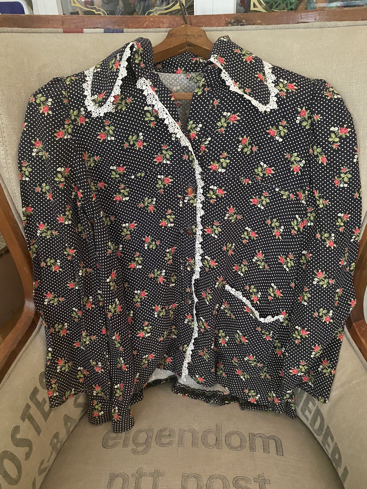 Vtg 70’s Liberty of London Black Polka Dot Rose Blouse W/ Agate Buttons