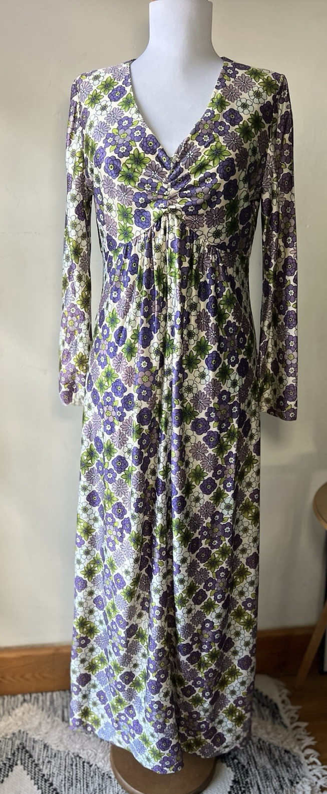 Vintage Empire Waist Maxi Dress Long Sleeve Floral Purple Green White 70s