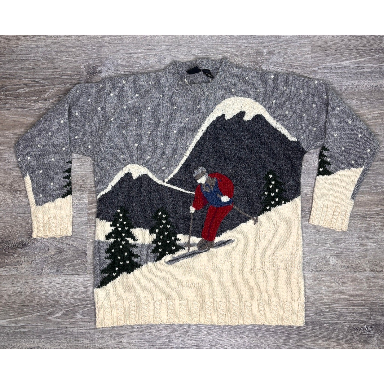 Maurices Vintage 100% Shetland Wool Skier Mountain Scene Sweater Grey Cream M