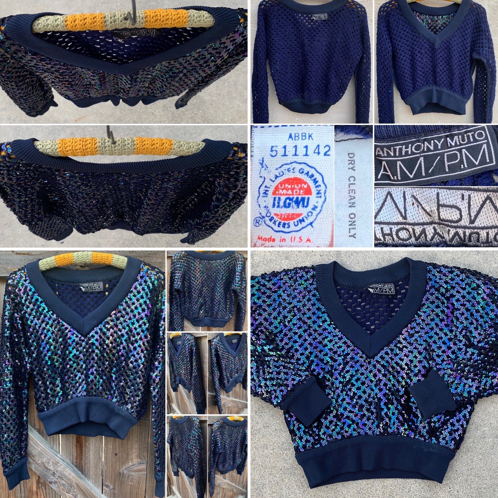 Vintage Anthony Muto AM PM Sequin Top Long Sleeve V Neck 70s 80s Size S M