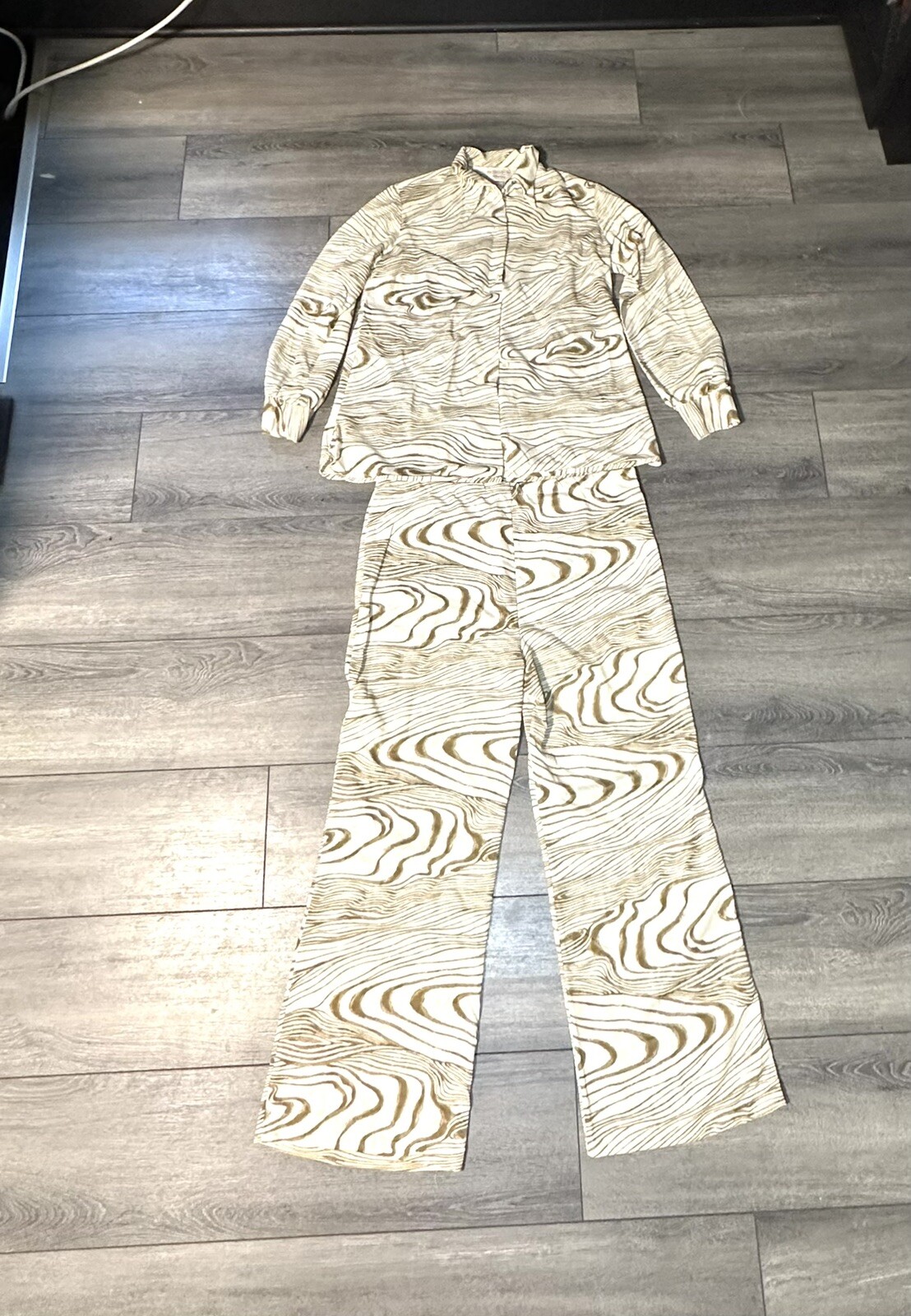 Vtg Womens Lesuire Pant Suit 70s Disco Sz 18 2pc Brown Swirls JC Penney Fashions