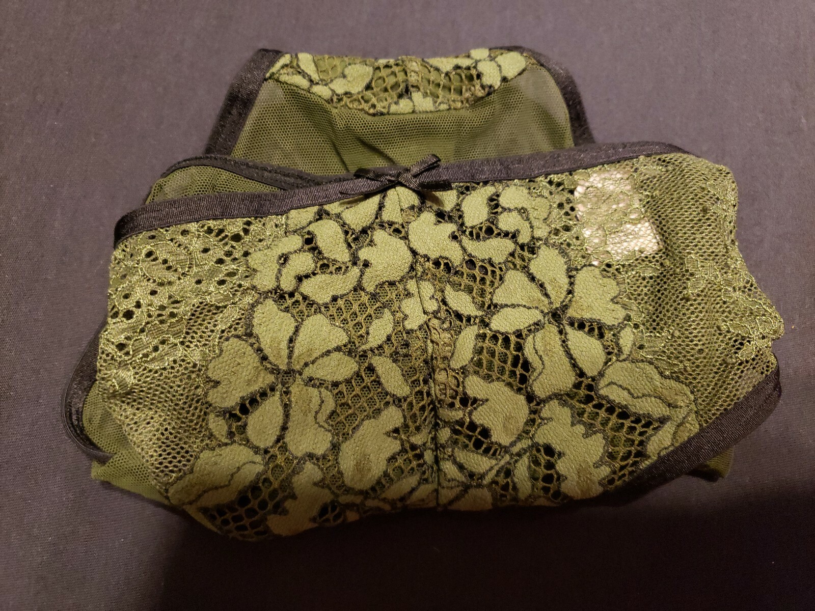 Vtg Victorias Secret Olive Green Black Lace Bikini Panties Rare Design Sz L Full