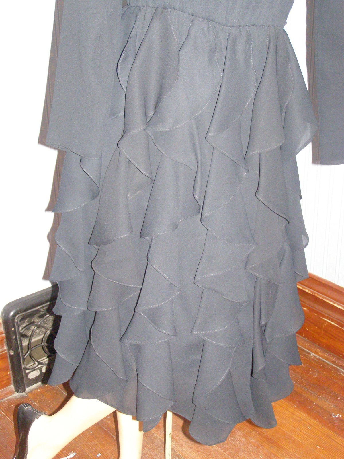 Vintage 80’s simple black semi-sheer TIERED RUFFLE dress S M chiffon evening