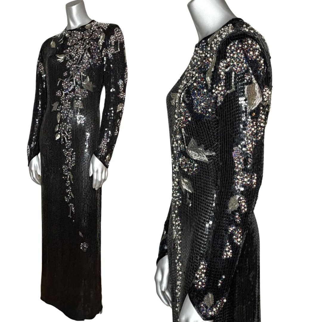 Vintage 90s RIAZEE Couture Black Beaded Sequin Silk Evening Gown Formal Dress 6