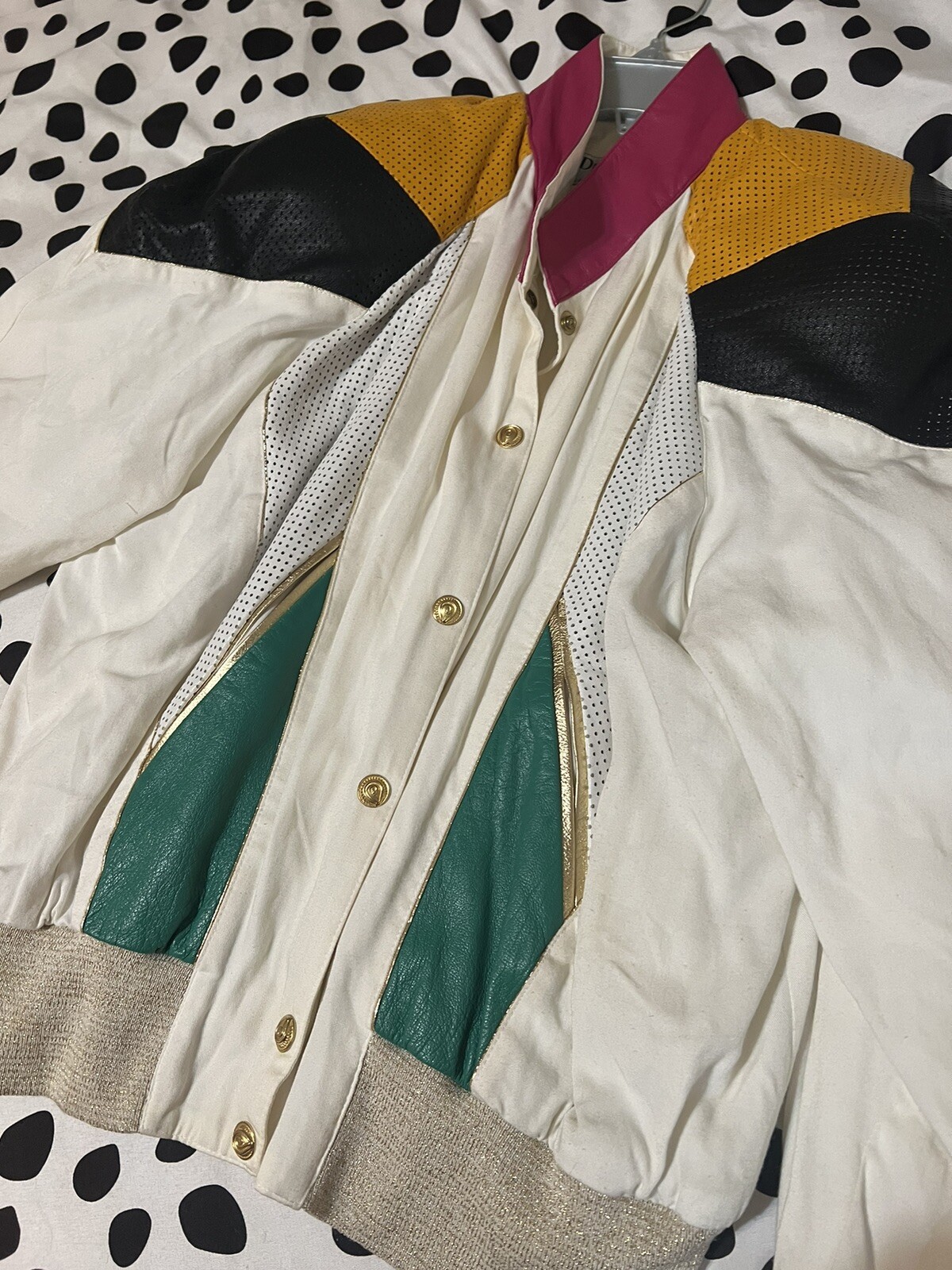 Vintage 80’s Deja Vu Designs COLORBLOCK White Leather Gold Snap Jacket S
