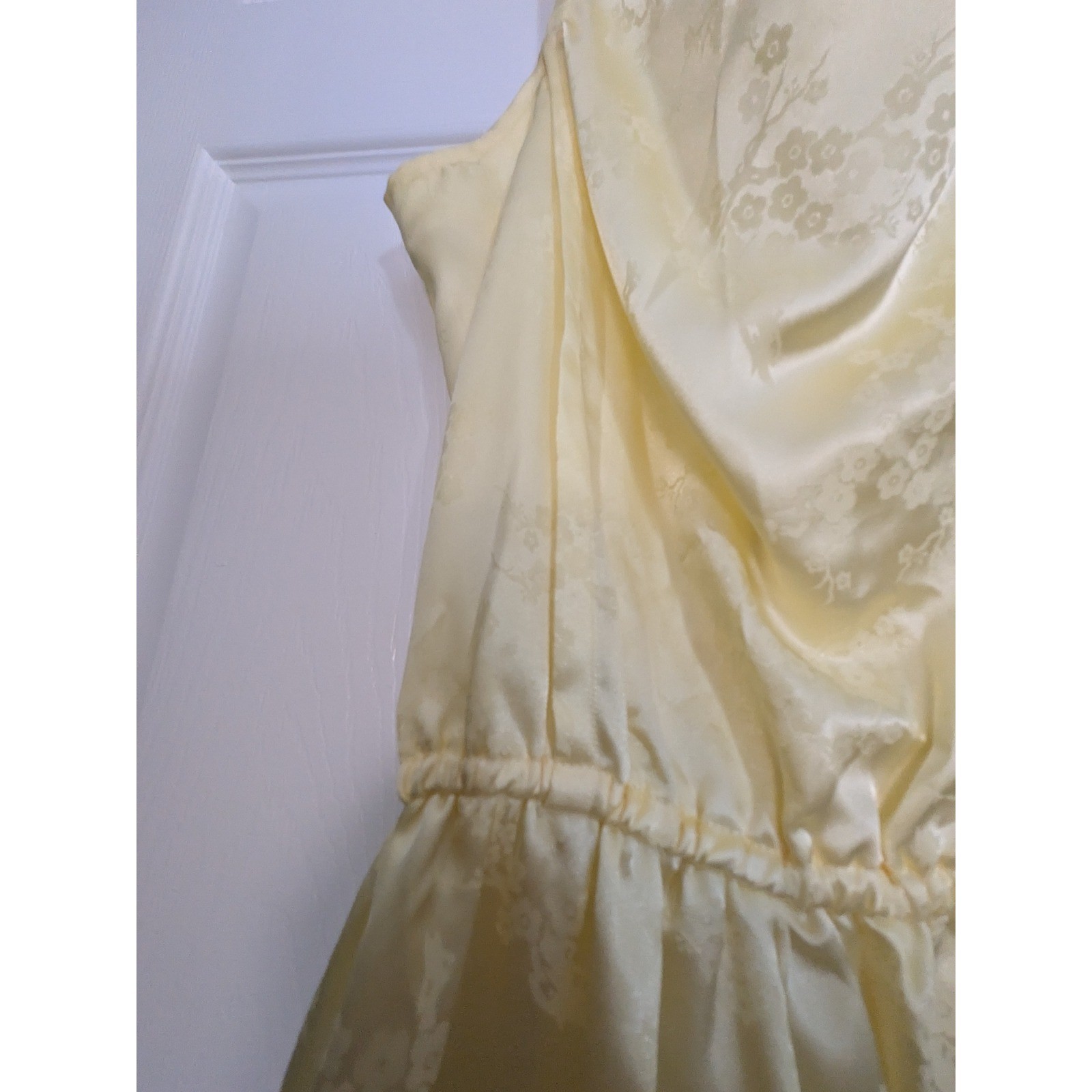 Vintage Yellow Floral Jacquard Maxi Dress Cowl Neck Elastic Waist Sleeveless M