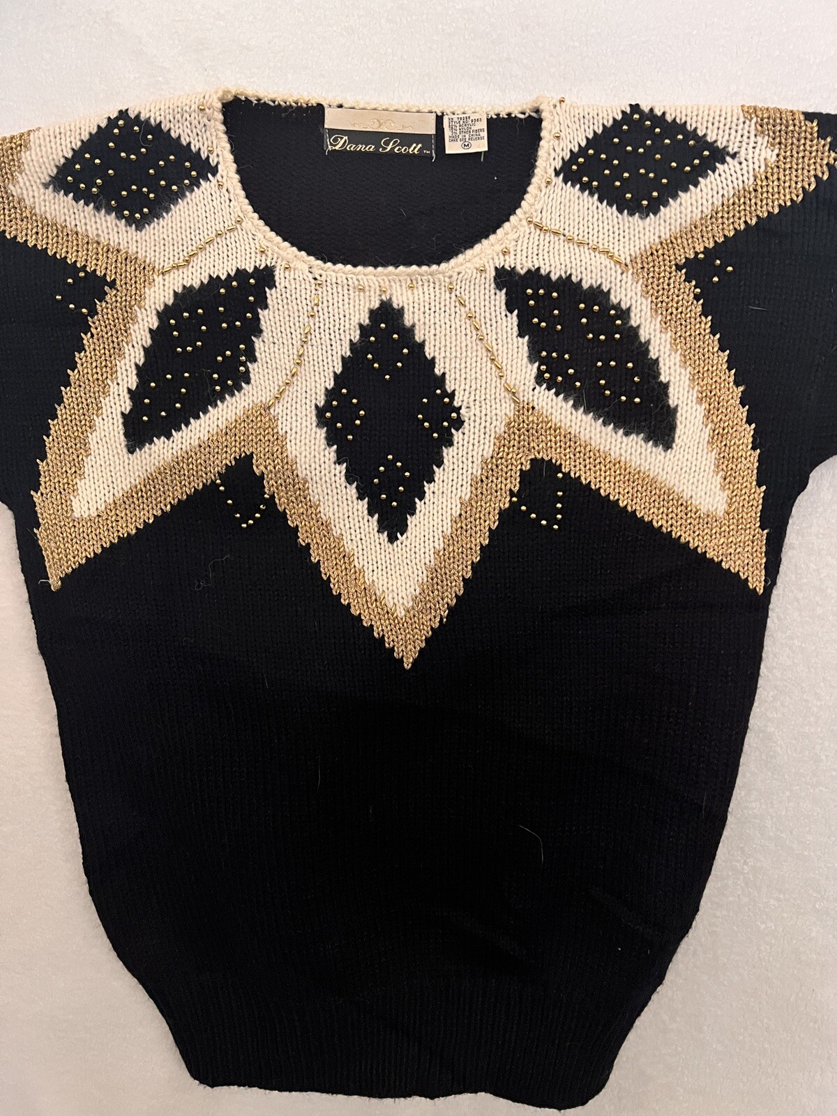 Dana Scott Womens M Vintage Sweater Black & Cream Gold Beads Party Holiday