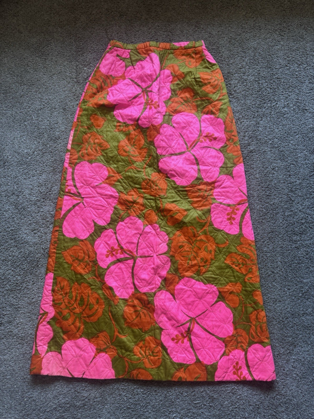 Vtg 60s 70s Phil Rose of California Quilted Maxi Skirt Pink Hibiscus Tiki Retro