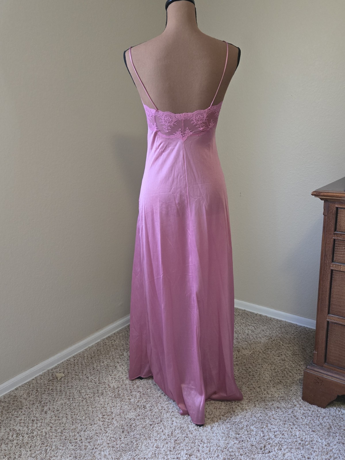 Vintage Jcpenney Nylon Lace Full Length Night Gown Pink Sexy Feminine Sz Small