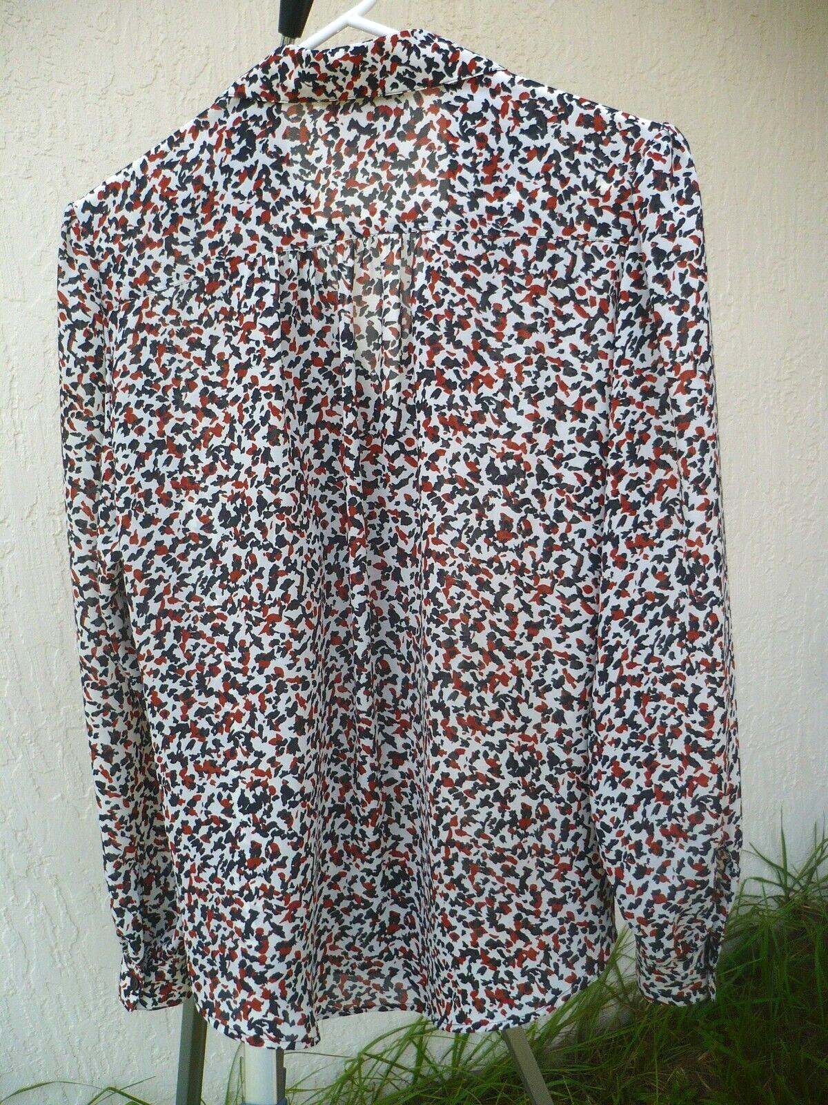 VTG 80S SHAPELY L 12 GEOMETRIC CONFETTI BROWN BLACK WHITE SILKY SHIRT CAP BLOUSE