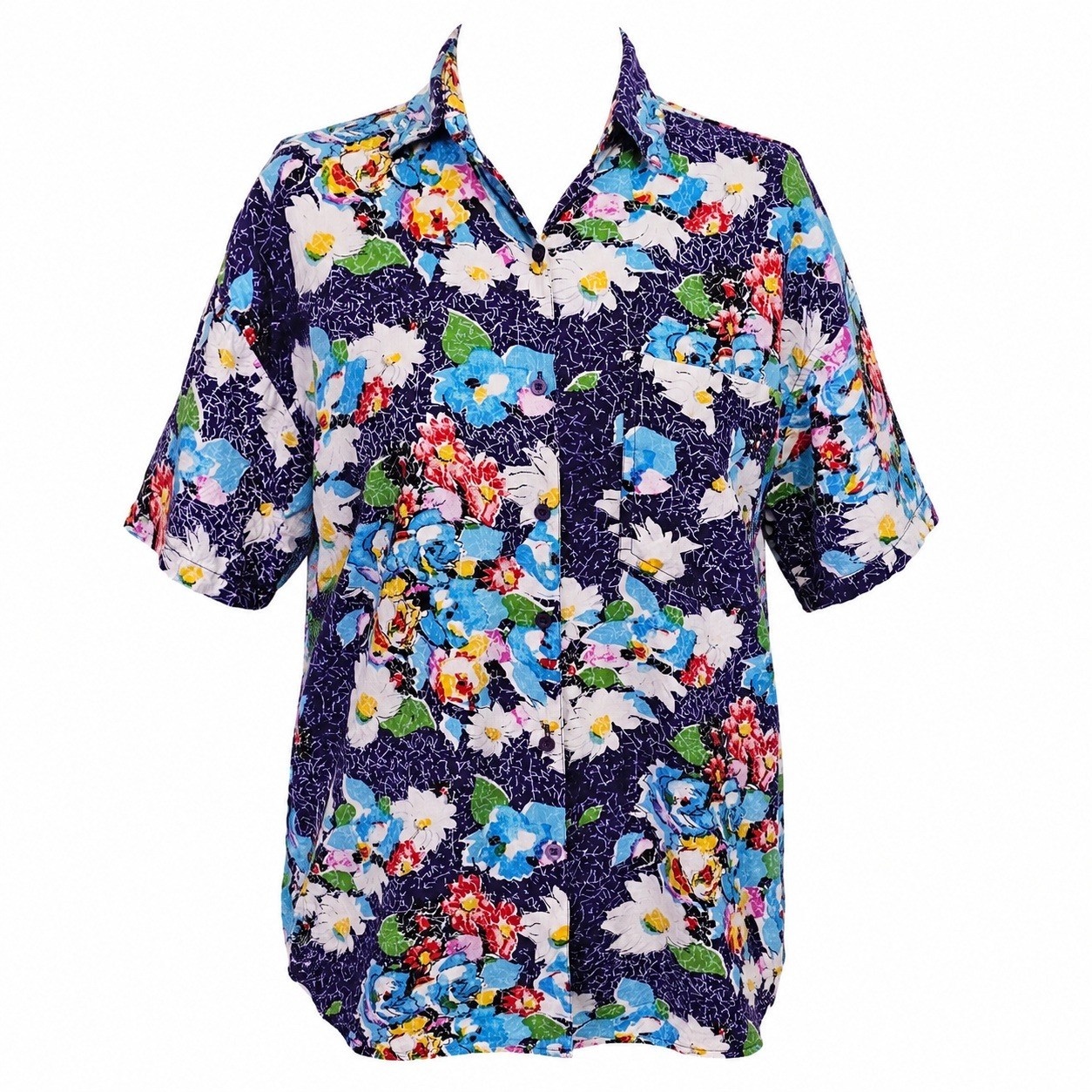 Monalisa Blue Floral Rayon Button Front Blouse Womens L Vintage 90s Korea