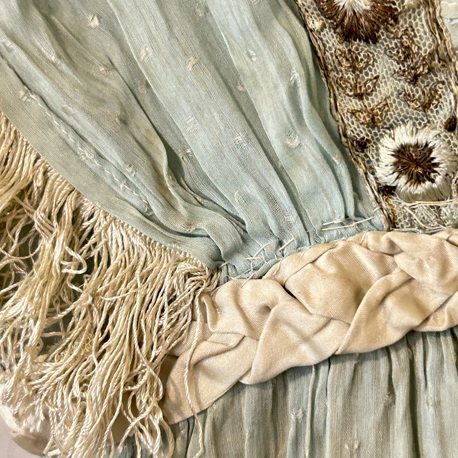 READ AS IS Antique Edwardian Blue Dress Fringe Trim Embroidered Study Fragile