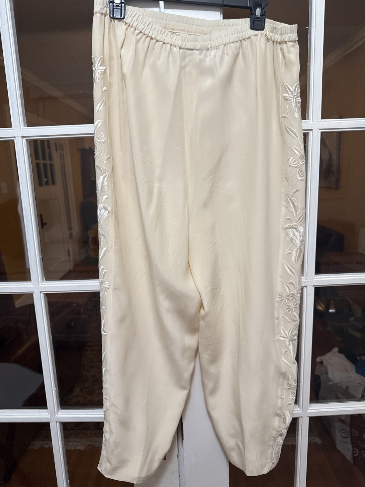 Vintage Bonnie Boerer unlimited ivory silk lounge pants embroidered sides size M