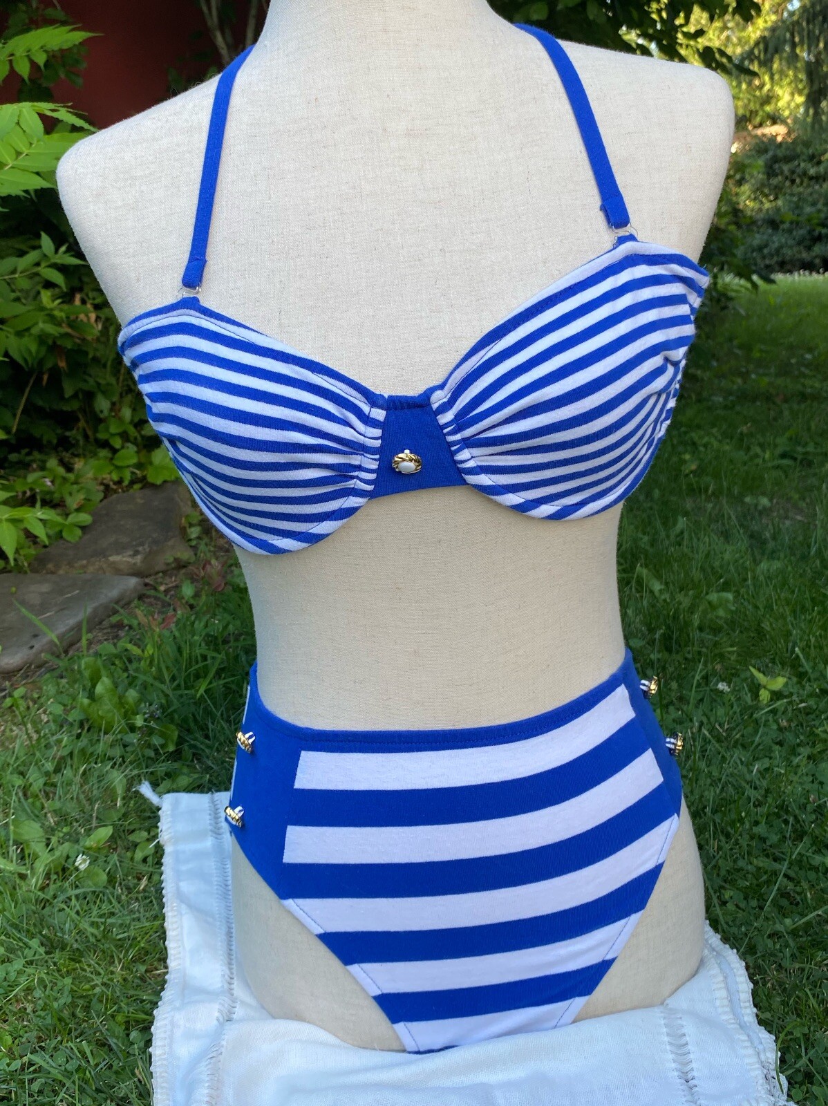 vintage pin up gabar nautical bikini swimsuit blue and white stripe