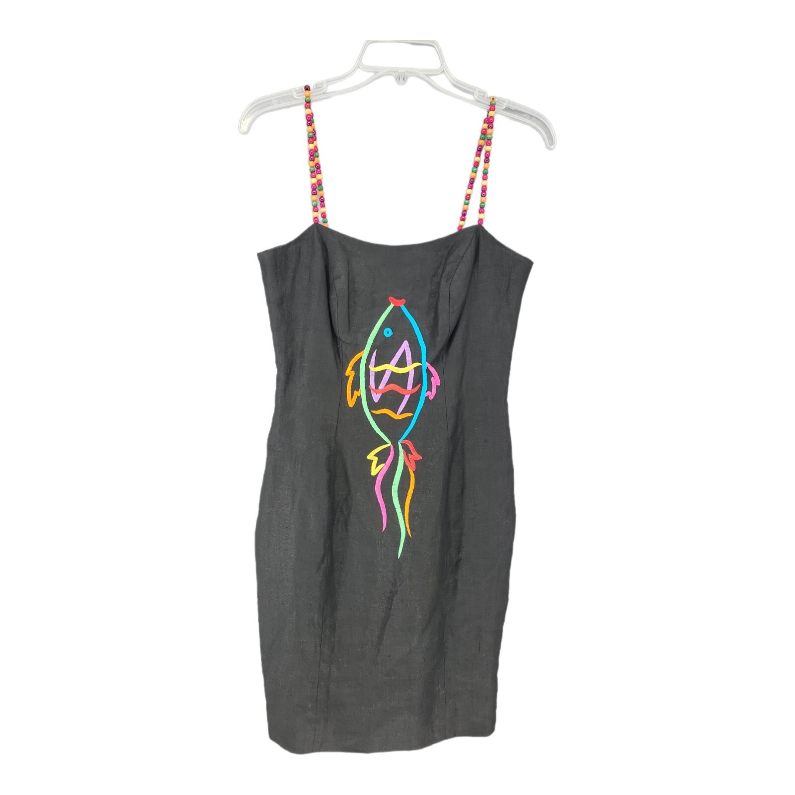 Deborah Laws Womens Dress Embroidered Fish 4 Linen Wood Bead Straps Cruise